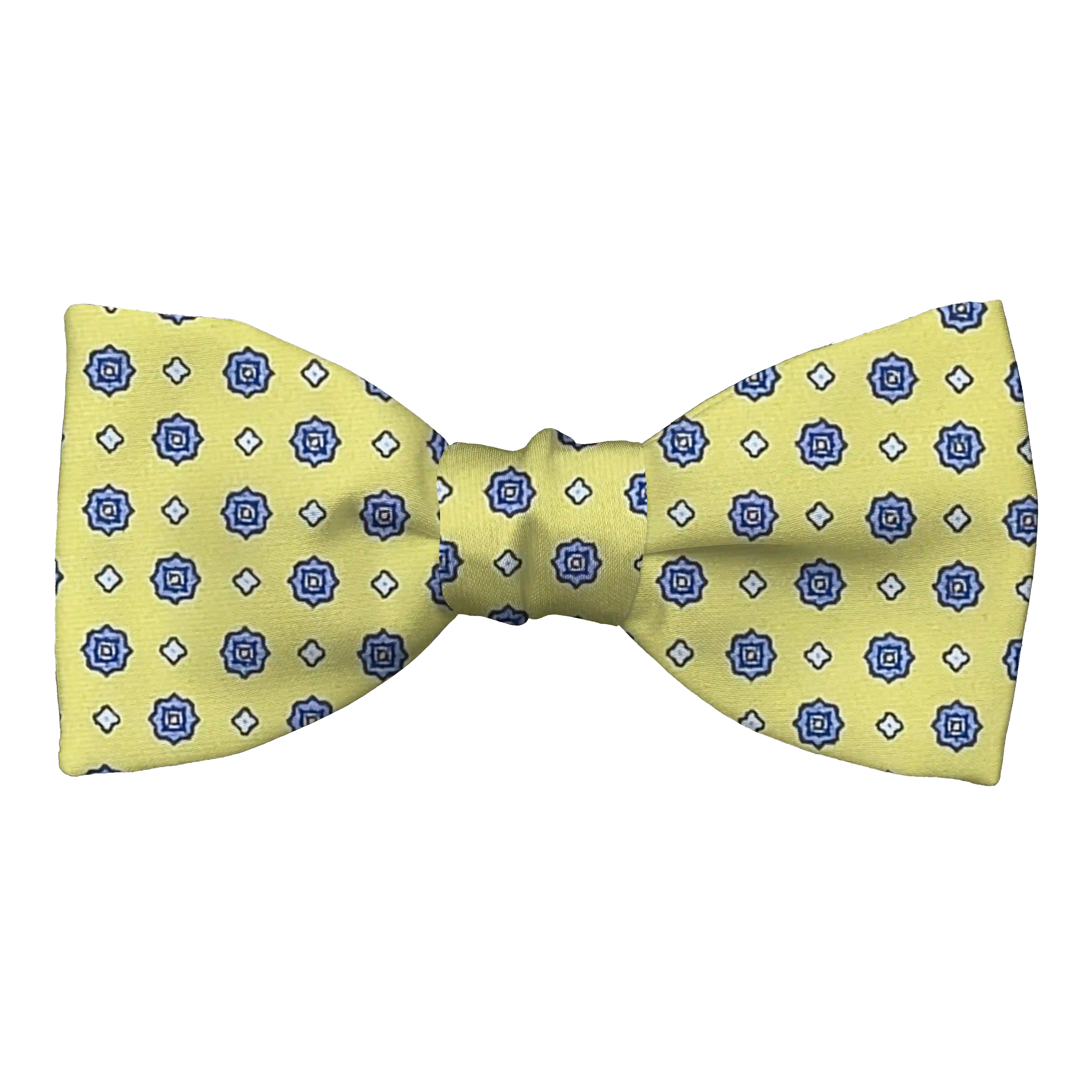 Schleife aus Seide, Form: gerade, Höhe: 50 mm, Stoff: blaue Blümchen auf limettengrün (6837)