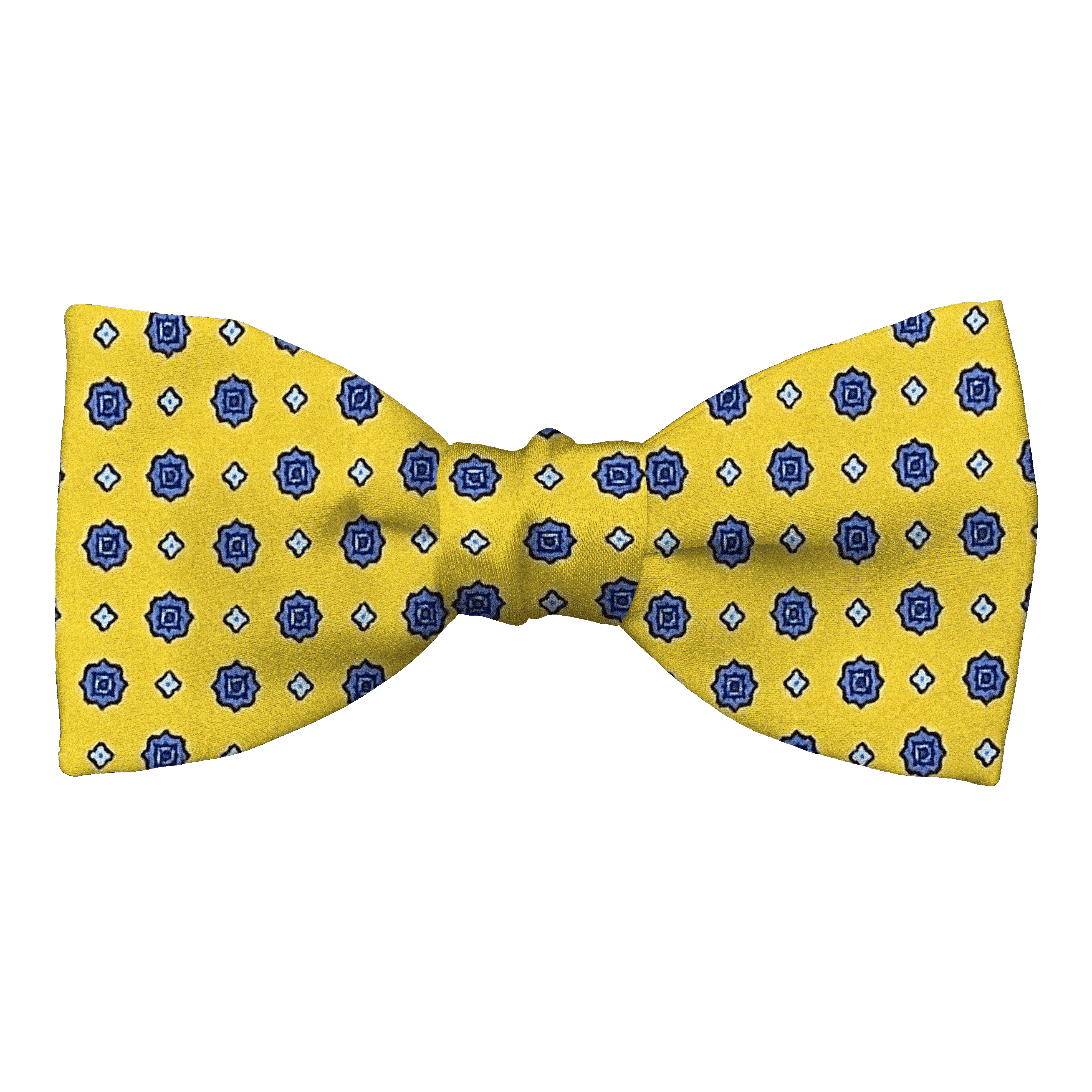Schleife aus Seide, Form: gerade, Höhe: 50, Stoff: blaue Blümchen auf gelb (6838)