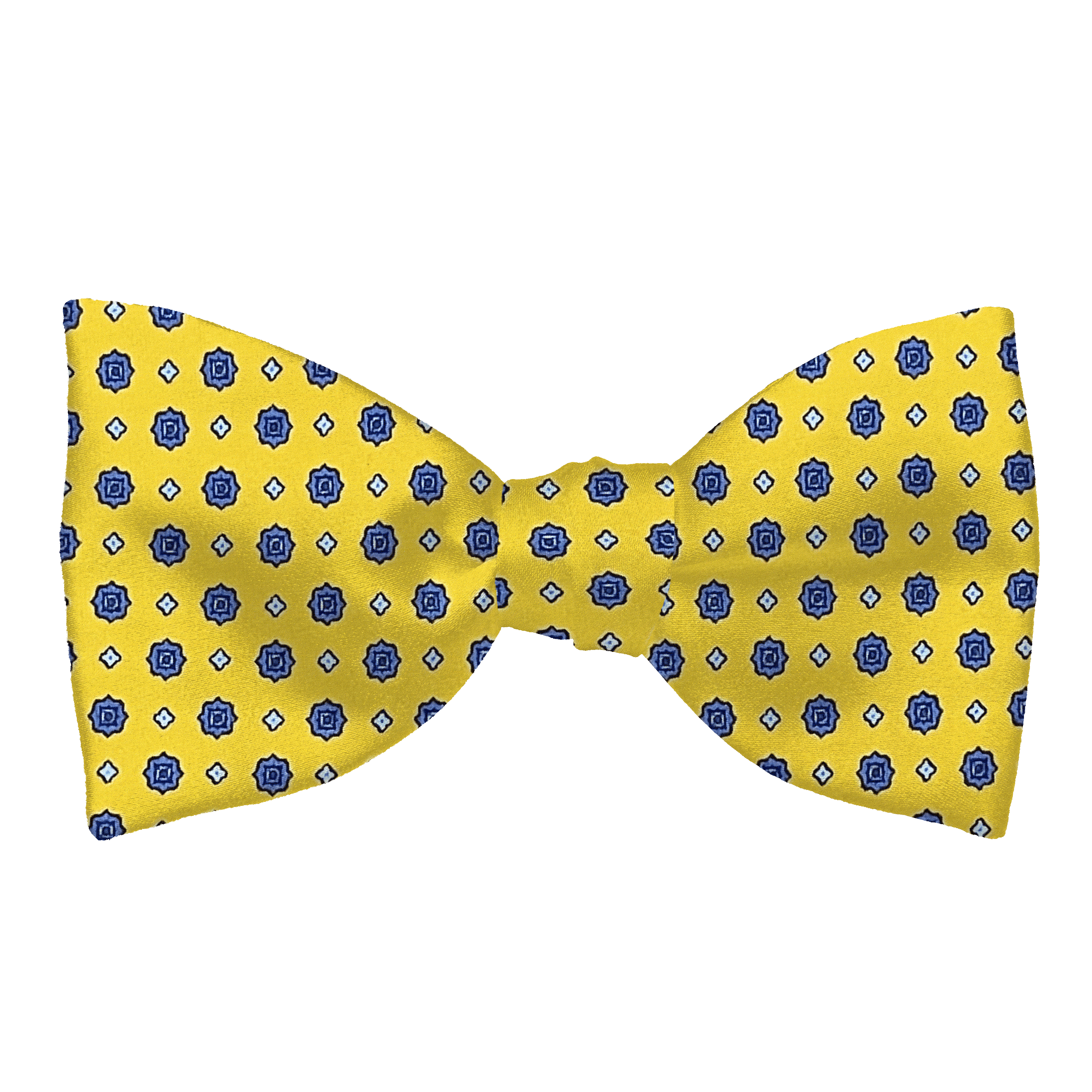 Schleife aus Seide, Form: gerade, Höhe: 65, Stoff: blaue Blümchen auf gelb (6838)