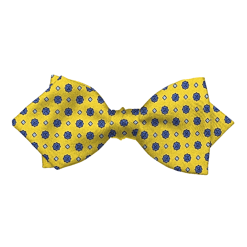 [BT-P-60-E-60-6838] Schleife aus Seide, Form: spitz, Höhe: 60, Stoff: blaue Blümchen auf gelb (6838) (EASY: vorgebunden mit verstellbarer Größe)
