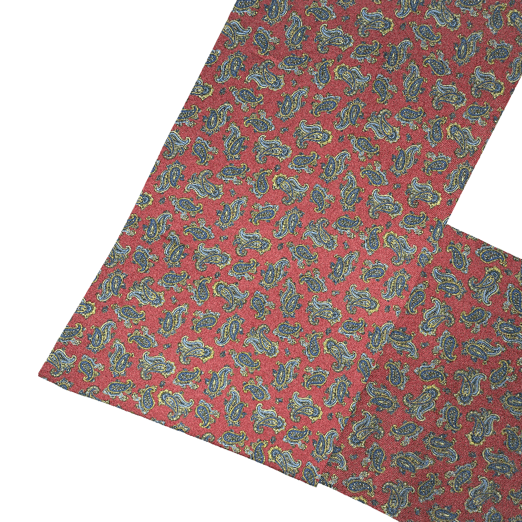 Mantelschal aus Seide, Stoff: kleines Paisley in blau, gelb und grün auf bordeauxrot (6501)