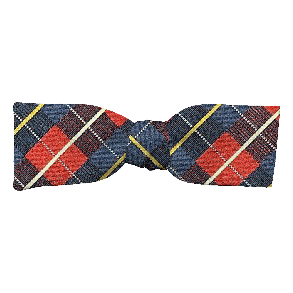 [BT-S-35-E-70-7289] Schleife aus Seide, Form: gerade, Höhe: 35, Stoff: geometrisch gemustert in dunkelblau und rot (7289) (EASY: vorgebunden mit verstellbarer Größe)