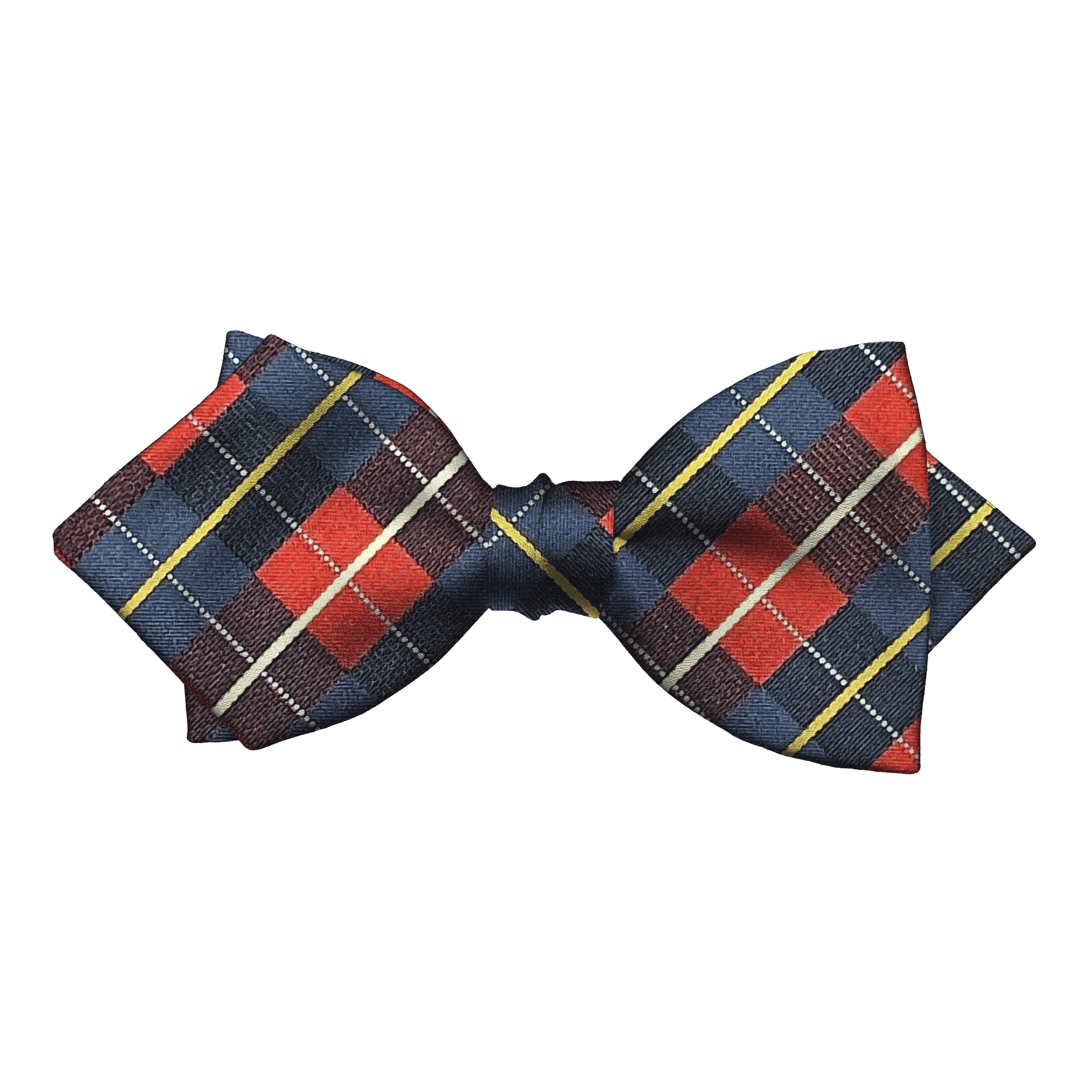 Schleife aus Seide, Form: spitz, Höhe: 60, Stoff: geometrisch gemustert in dunkelblau und rot (7289)