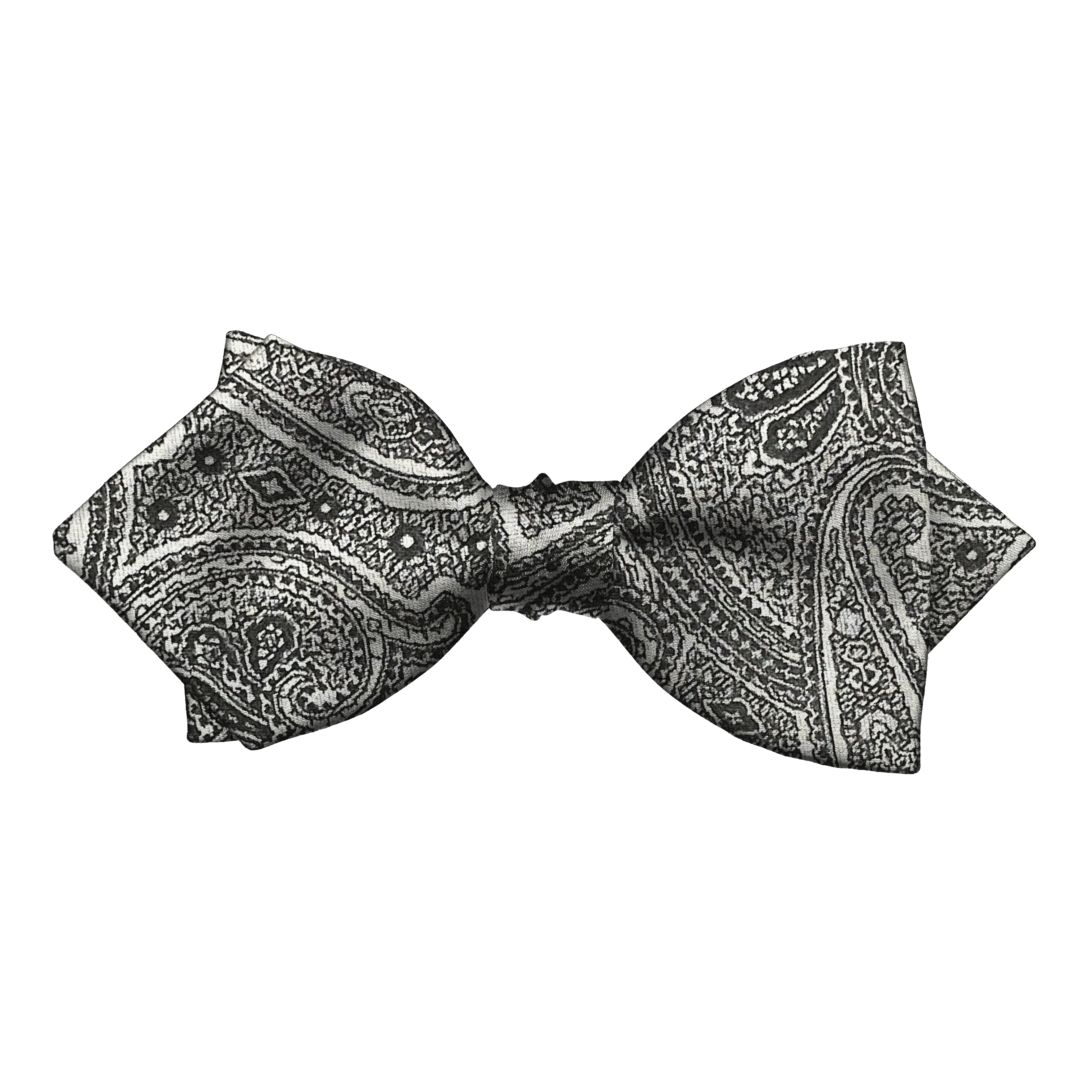 Schleife aus Seide, Form: spitz, Höhe: 60, Stoff: Paisley in Graustufen (7291)