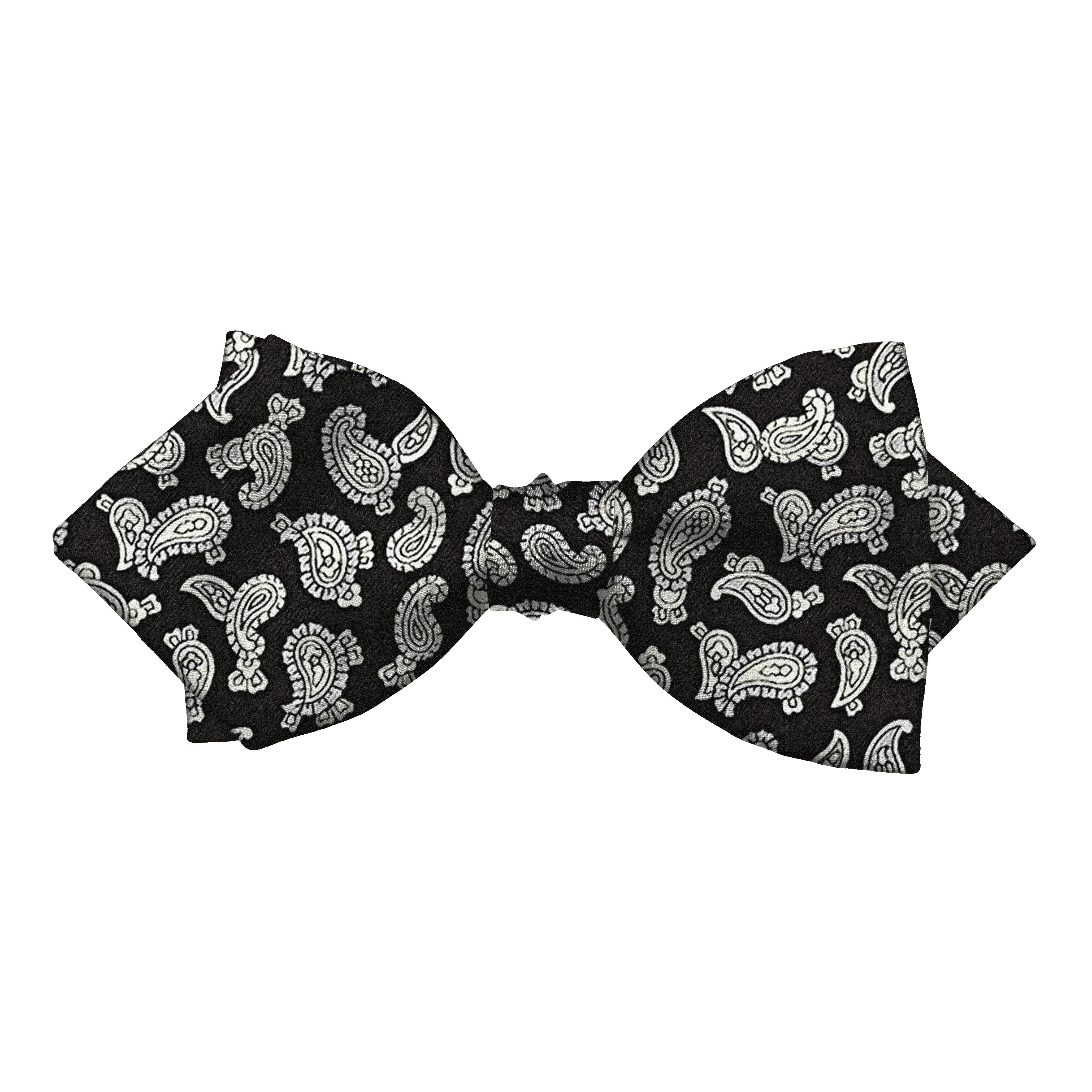 Schleife aus Seide, Form: spitz, Höhe: 60, Stoff: graues Paisley auf schwarz (6481)