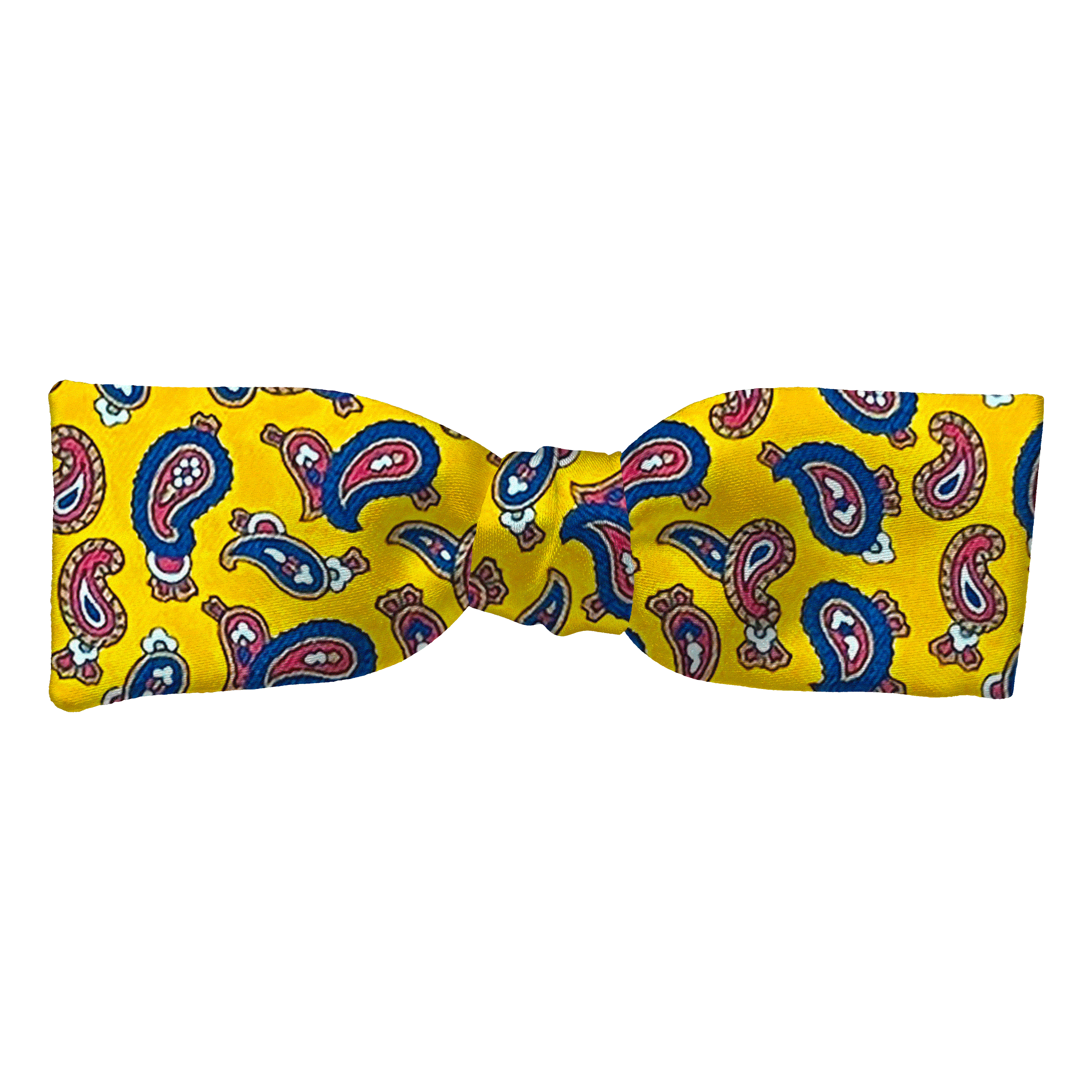 Schleife aus Seide, Form: gerade, Höhe: 35, Stoff: blau-rotes Paisley auf gelb (6482)