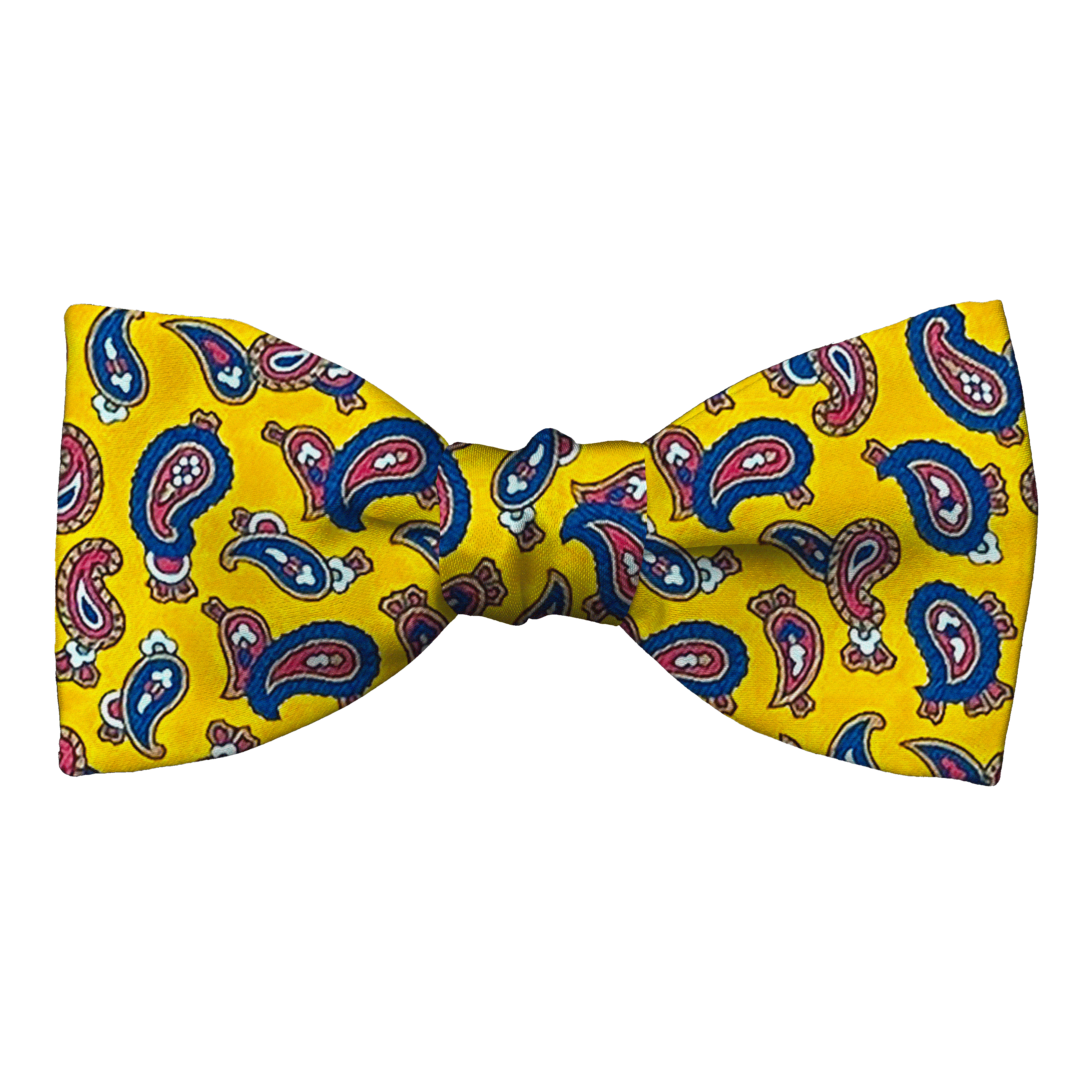 Schleife aus Seide, Form: gerade, Höhe: 50, Stoff: blau-rotes Paisley auf gelb (6482)