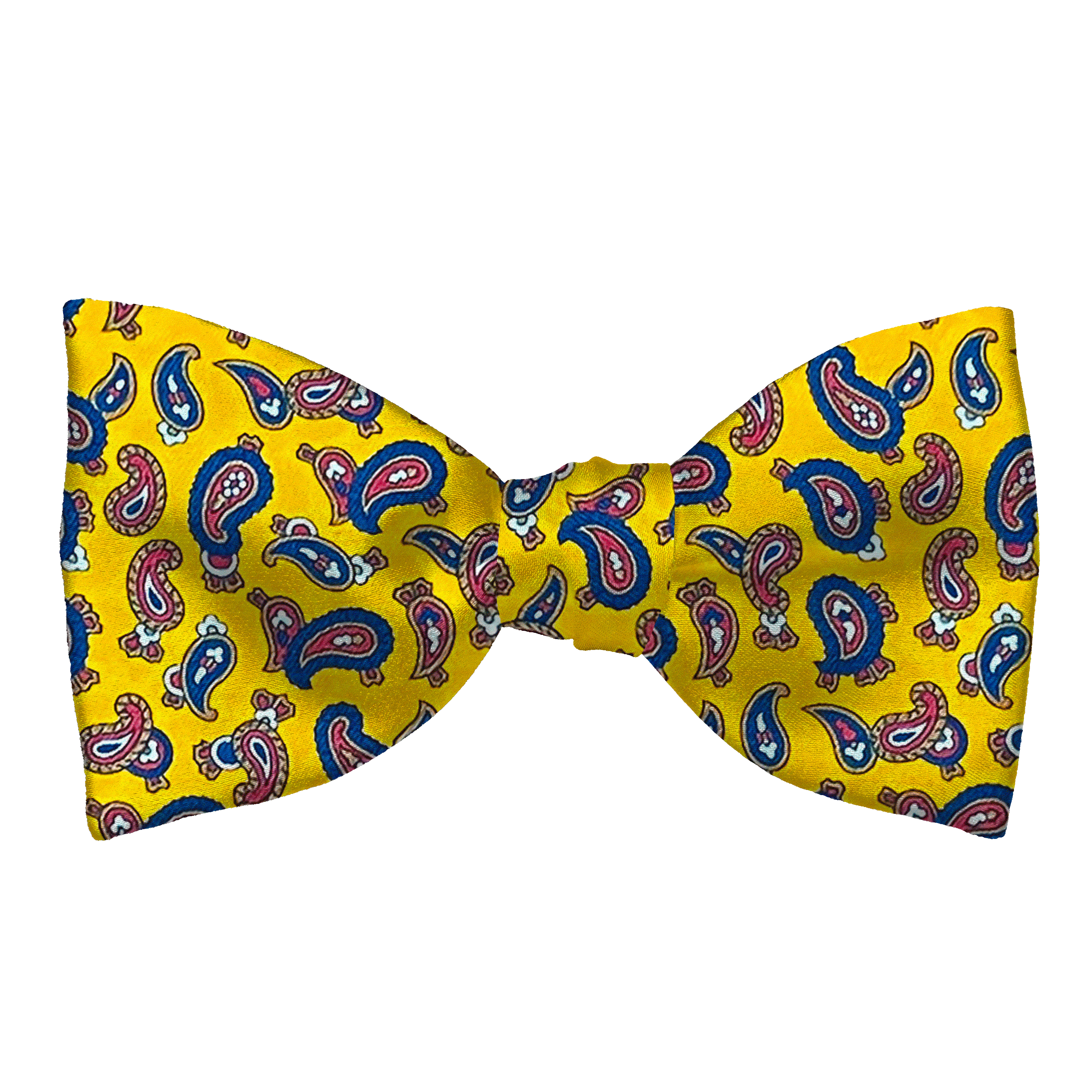 Schleife aus Seide, Form: gerade, Höhe: 65, Stoff: blau-rotes Paisley auf gelb (6482)