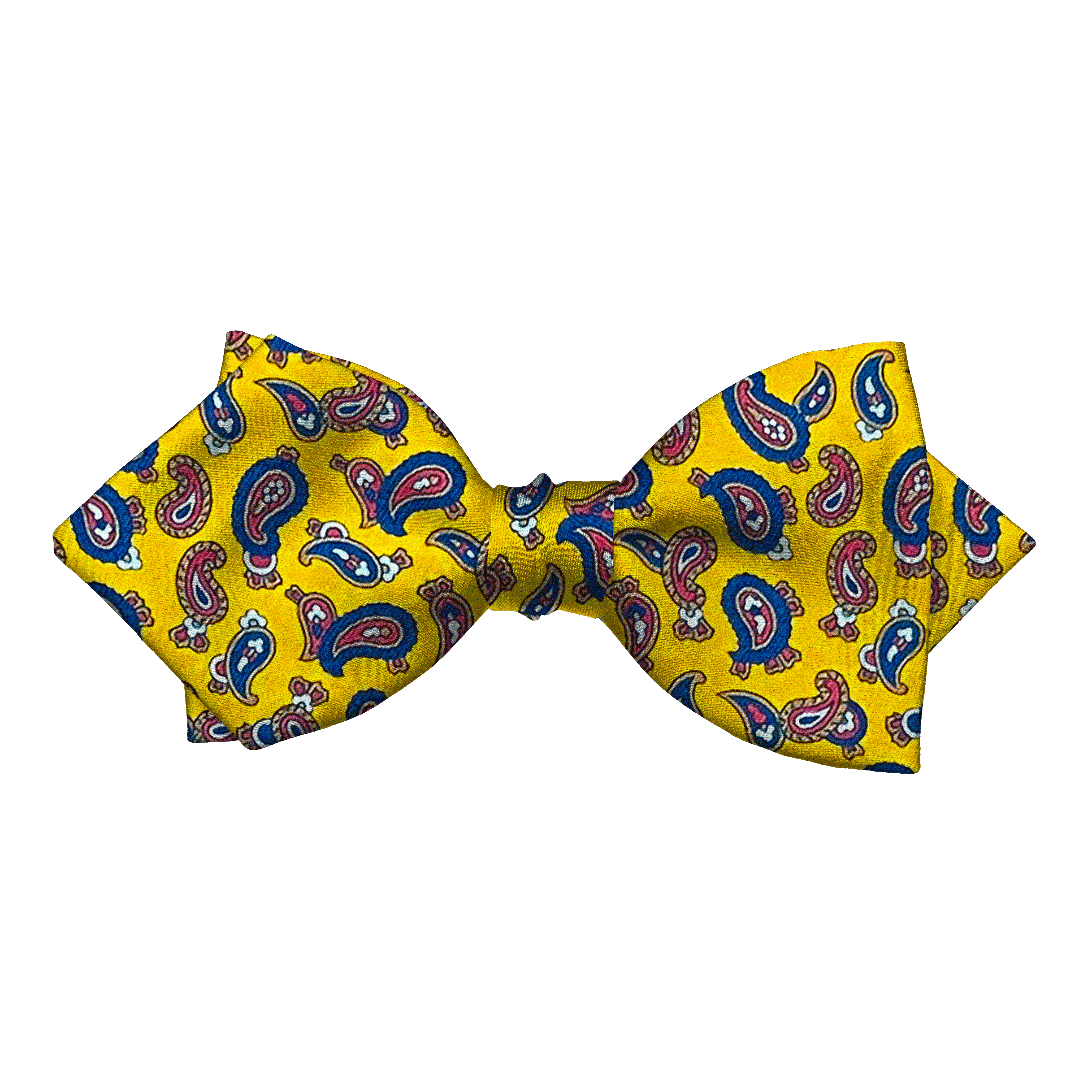[BT-P-60-E-60-6482] Schleife aus Seide, Form: spitz, Höhe: 60, Stoff: blau-rotes Paisley auf gelb (6482) (EASY: vorgebunden mit verstellbarer Größe)