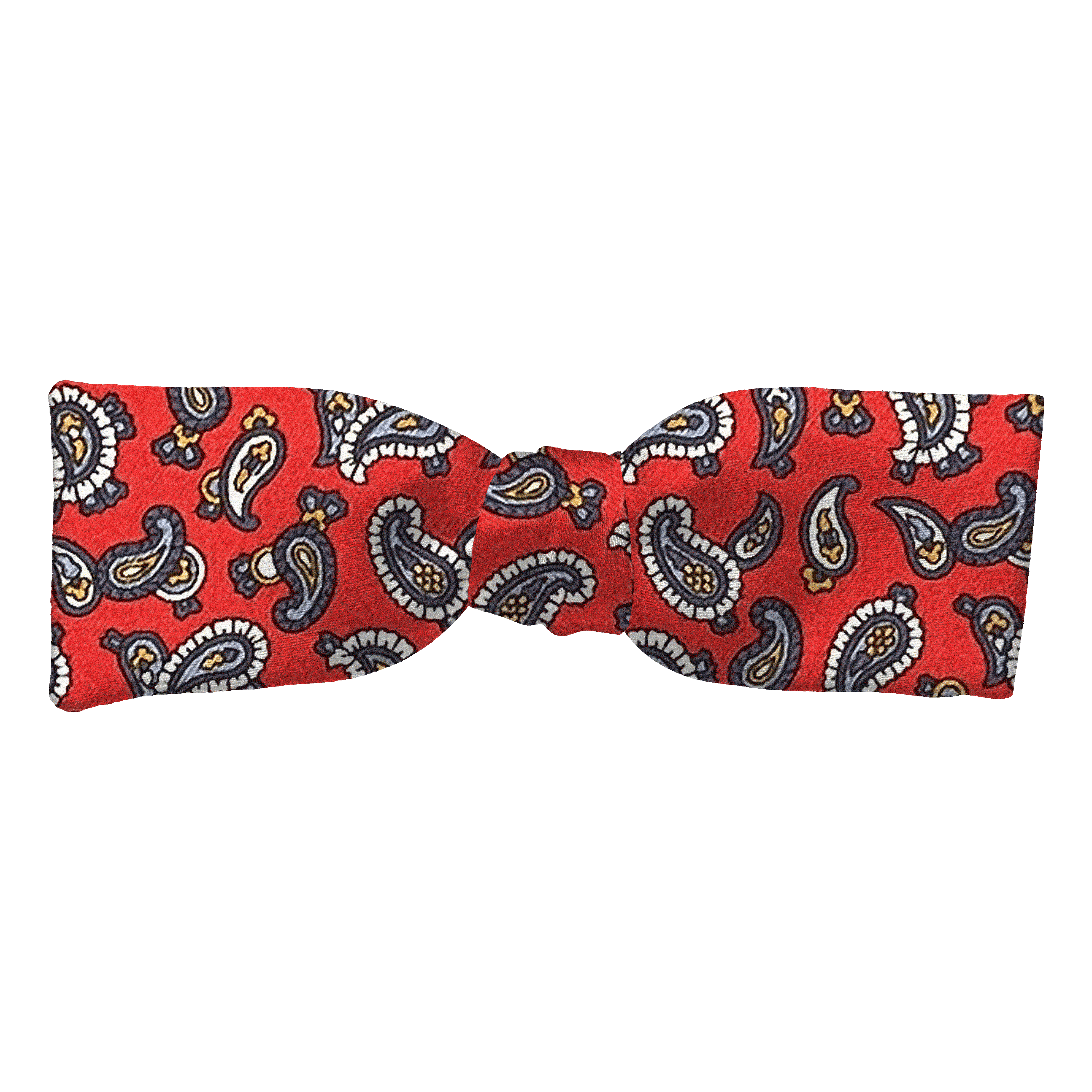 Schleife aus Seide, Form: gerade, Höhe: 35, Stoff: grau-blaues Paisley auf rot (6483)