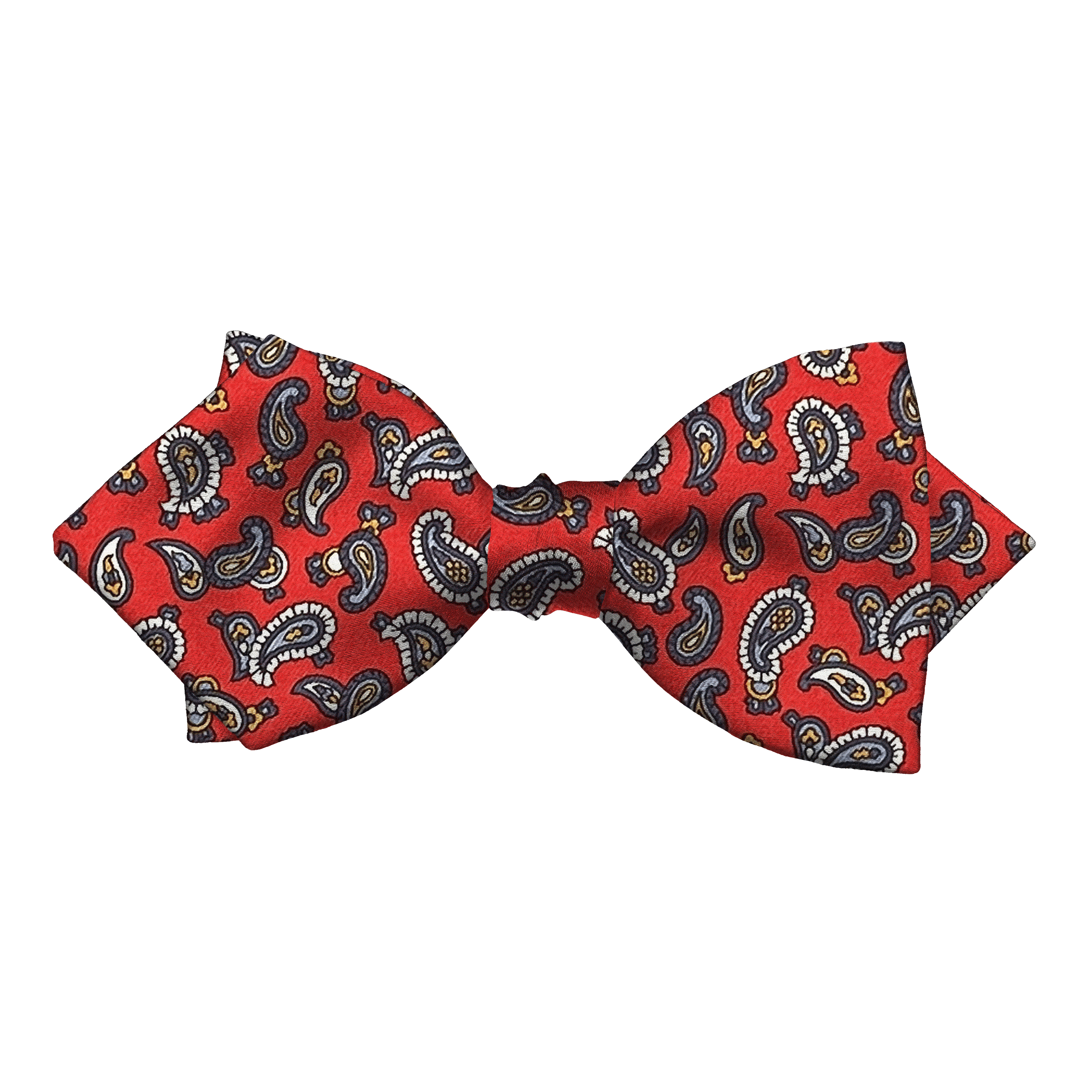 Schleife aus Seide, Form: spitz, Höhe: 60, Stoff: grau-blaues Paisley auf rot (6483)