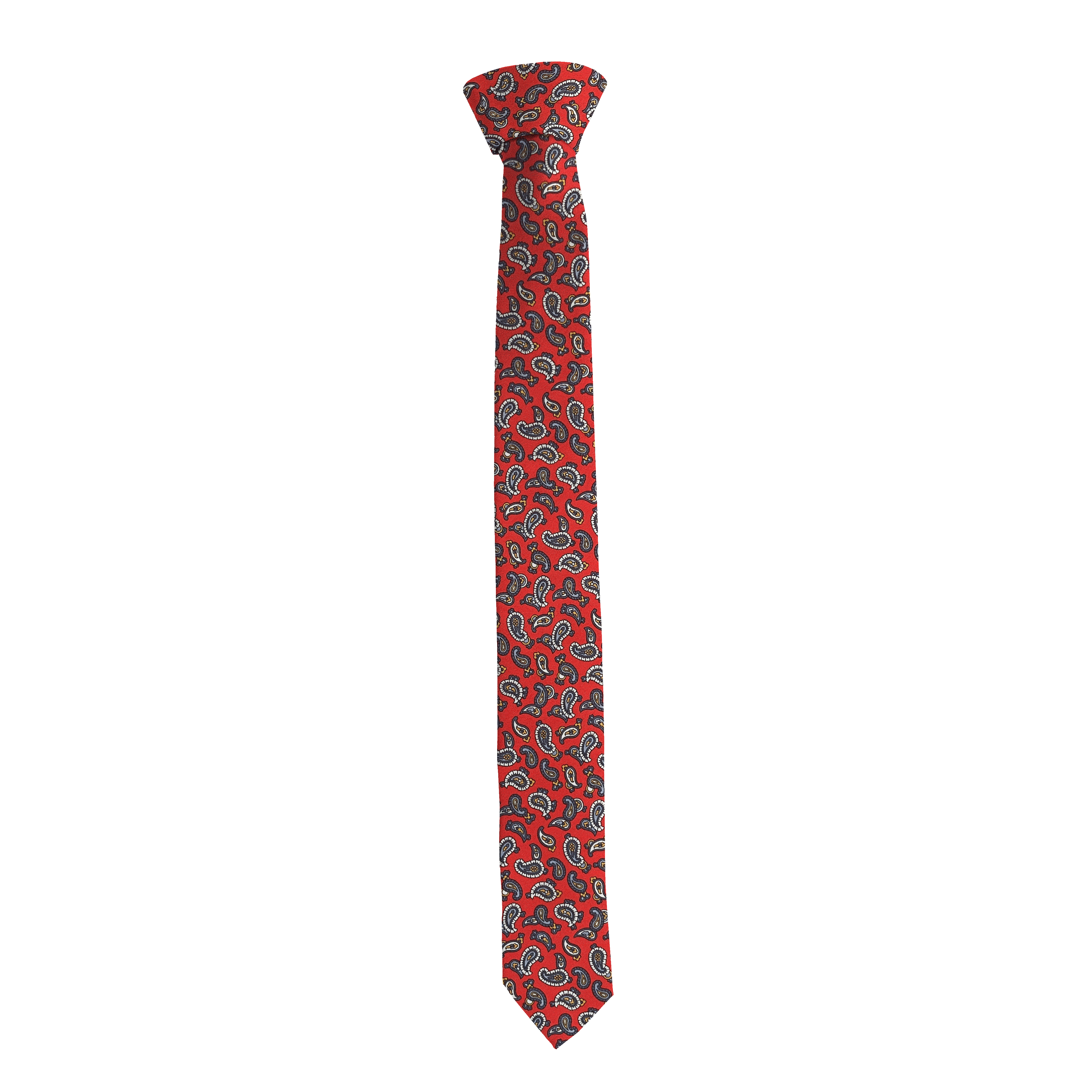Krawatte aus Seide, Breite: 55, Stoff: grau-blaues Paisley auf rot (6483)