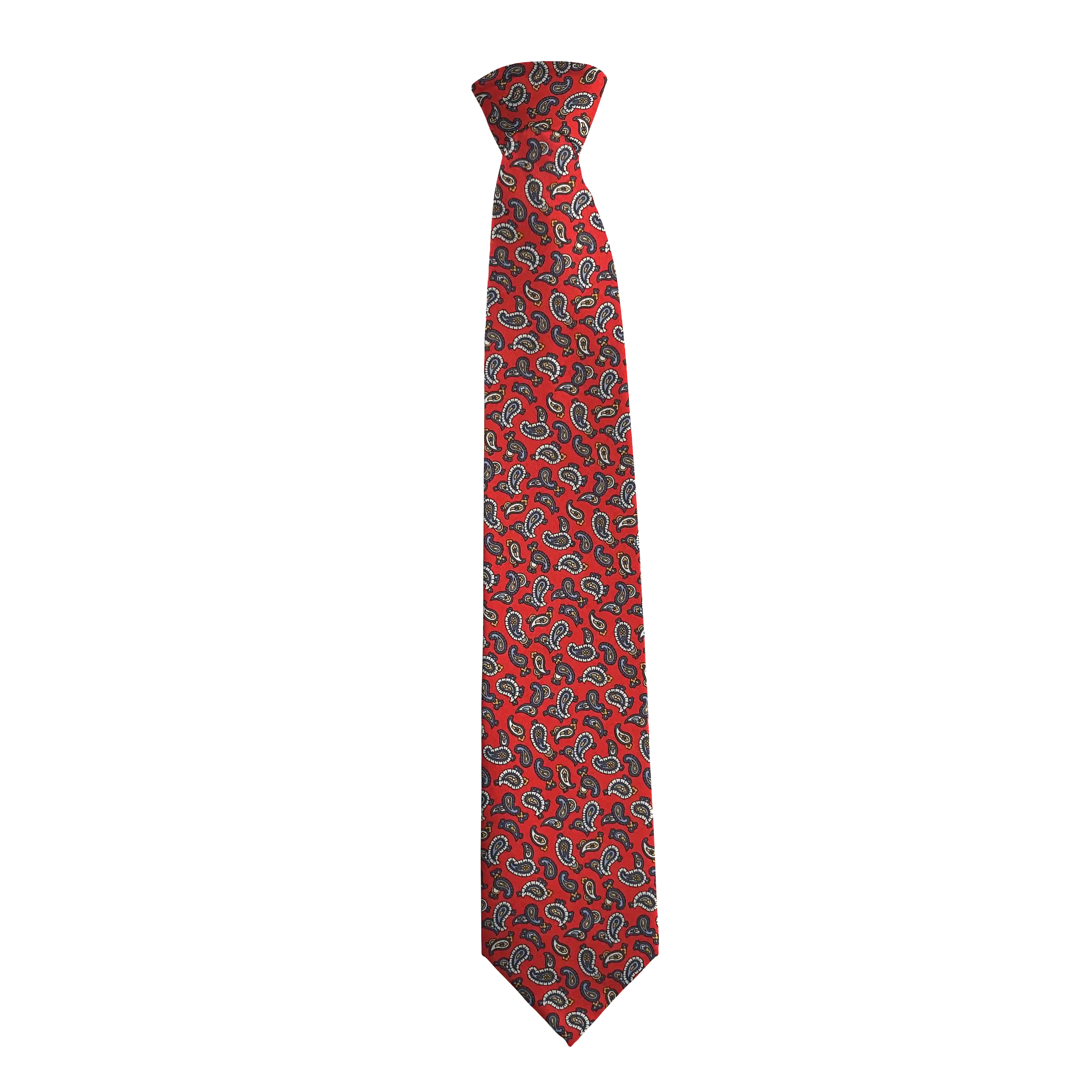 Krawatte aus Seide, Breite: 85 mm, Stoff: grau-blaues Paisley auf rot (6483)