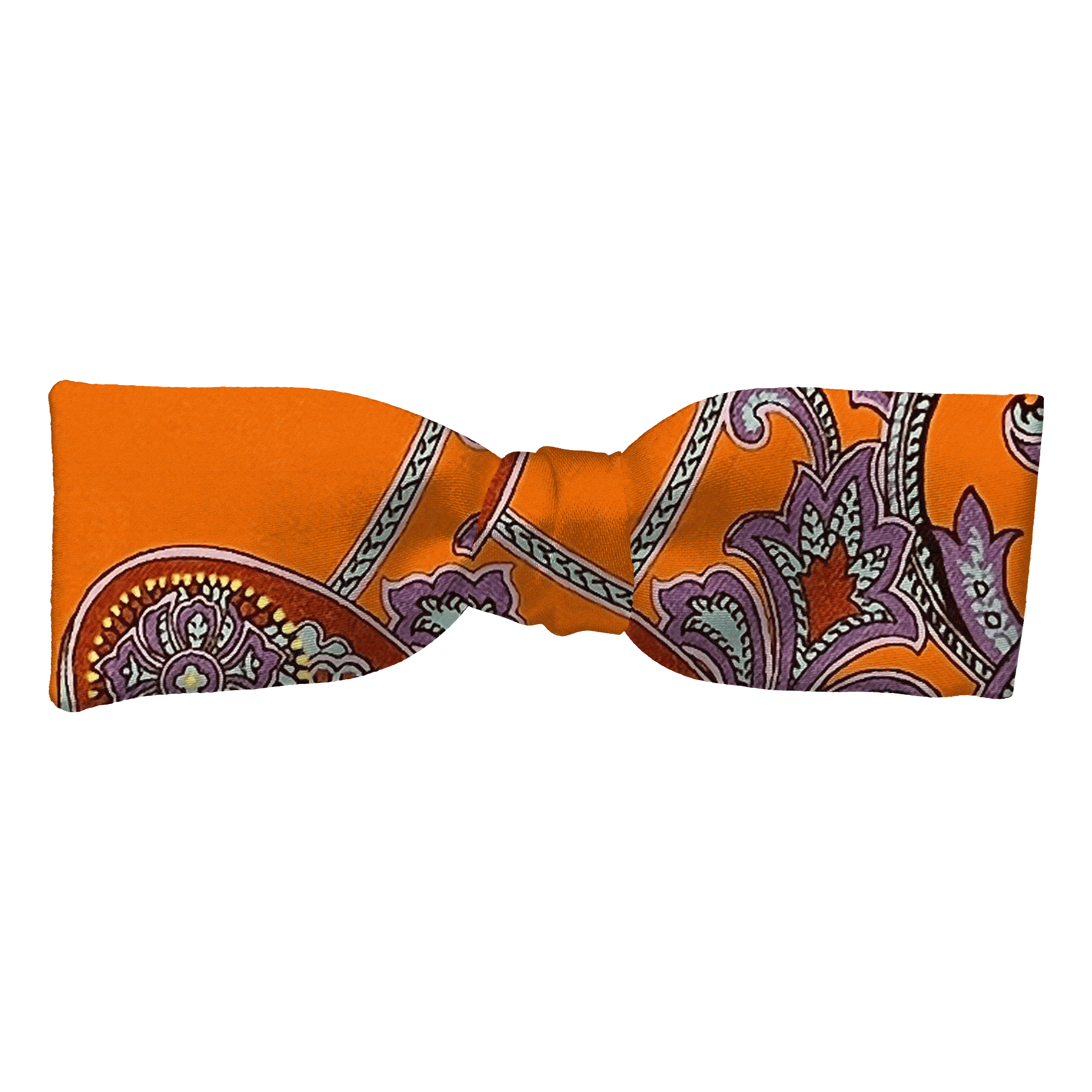 [BT-S-35-E-60-6842] Schleife aus Seide, Form: gerade, Höhe: 35, Stoff: großes mehrfarbiges Paisley auf organge (6842) (EASY: vorgebunden mit verstellbarer Größe)