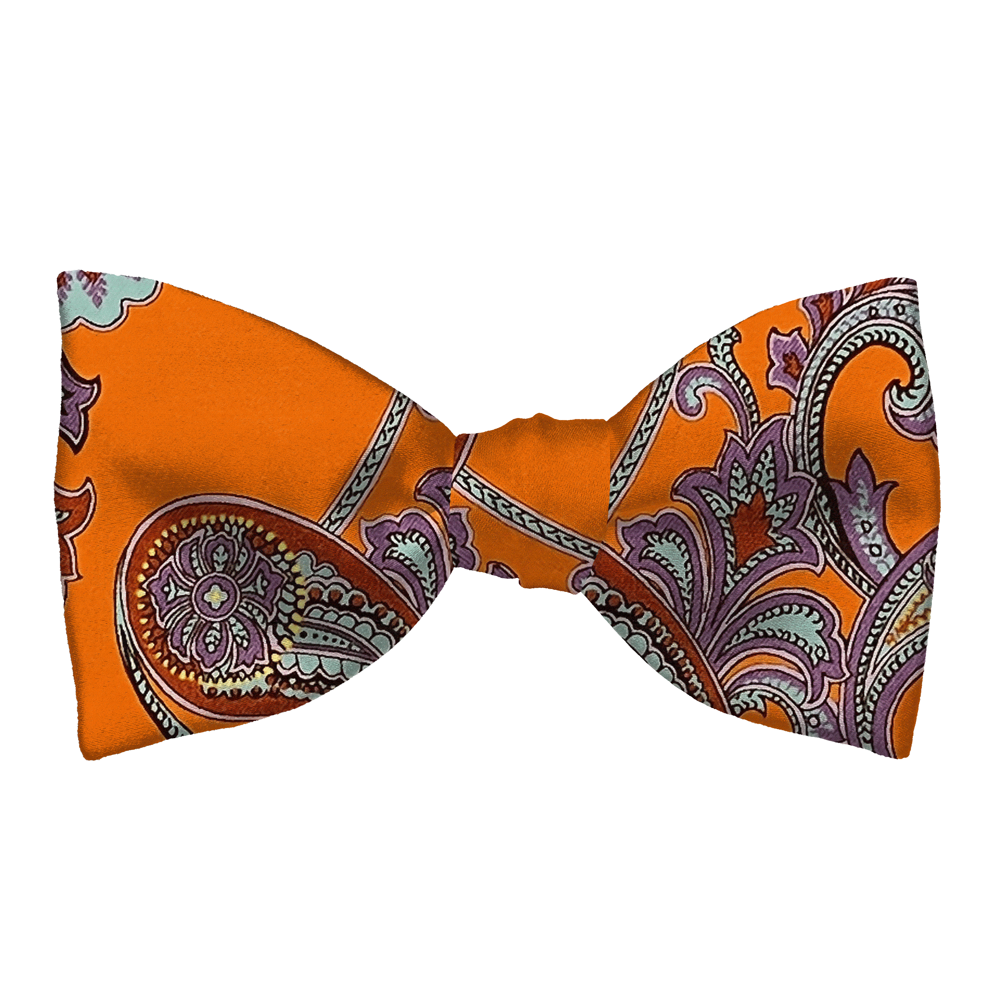 Schleife aus Seide, Form: gerade, Höhe: 65, Stoff: großes mehrfarbiges Paisley auf organge (6842)