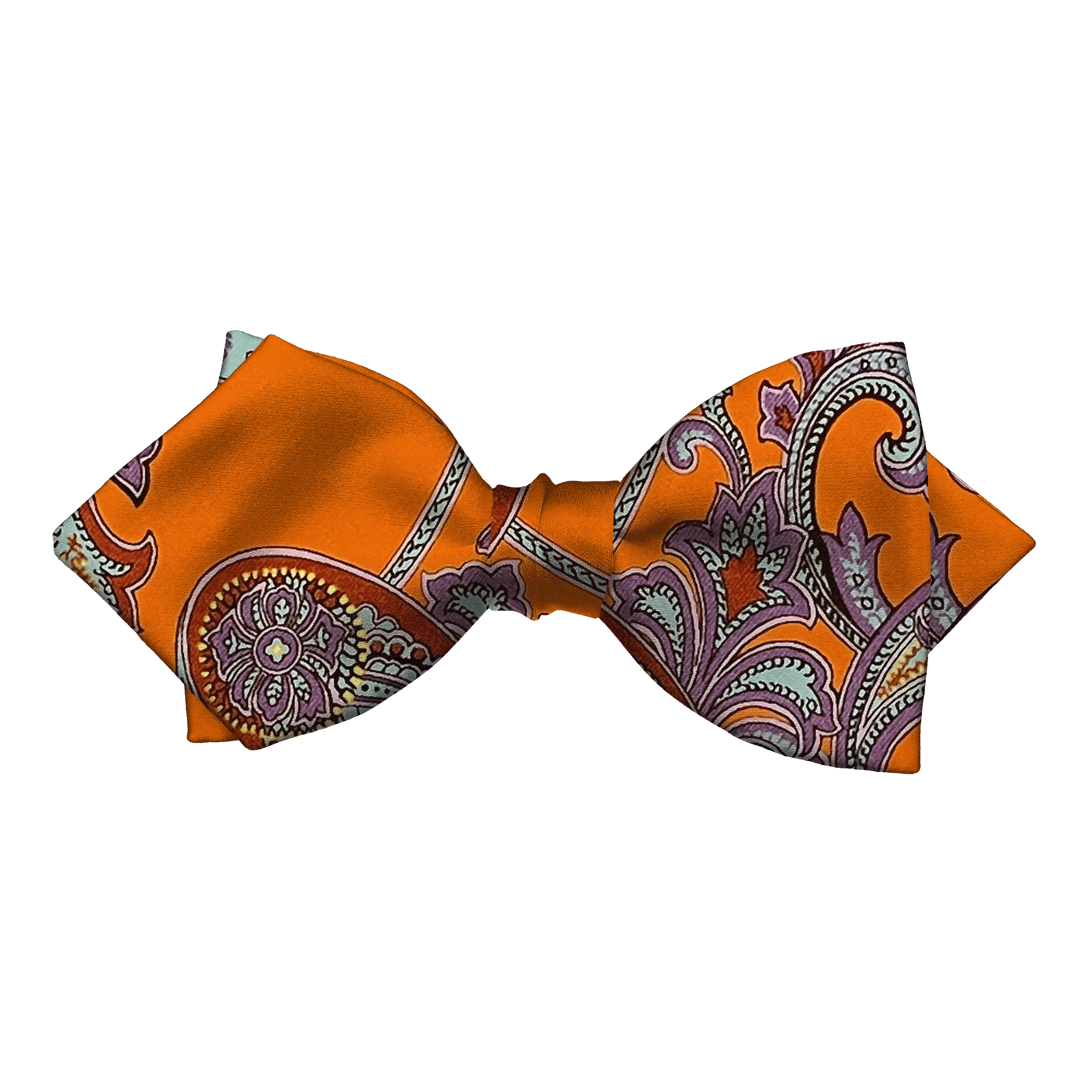 Schleife aus Seide, Form: spitz, Höhe: 60, Stoff: großes mehrfarbiges Paisley auf organge (6842)