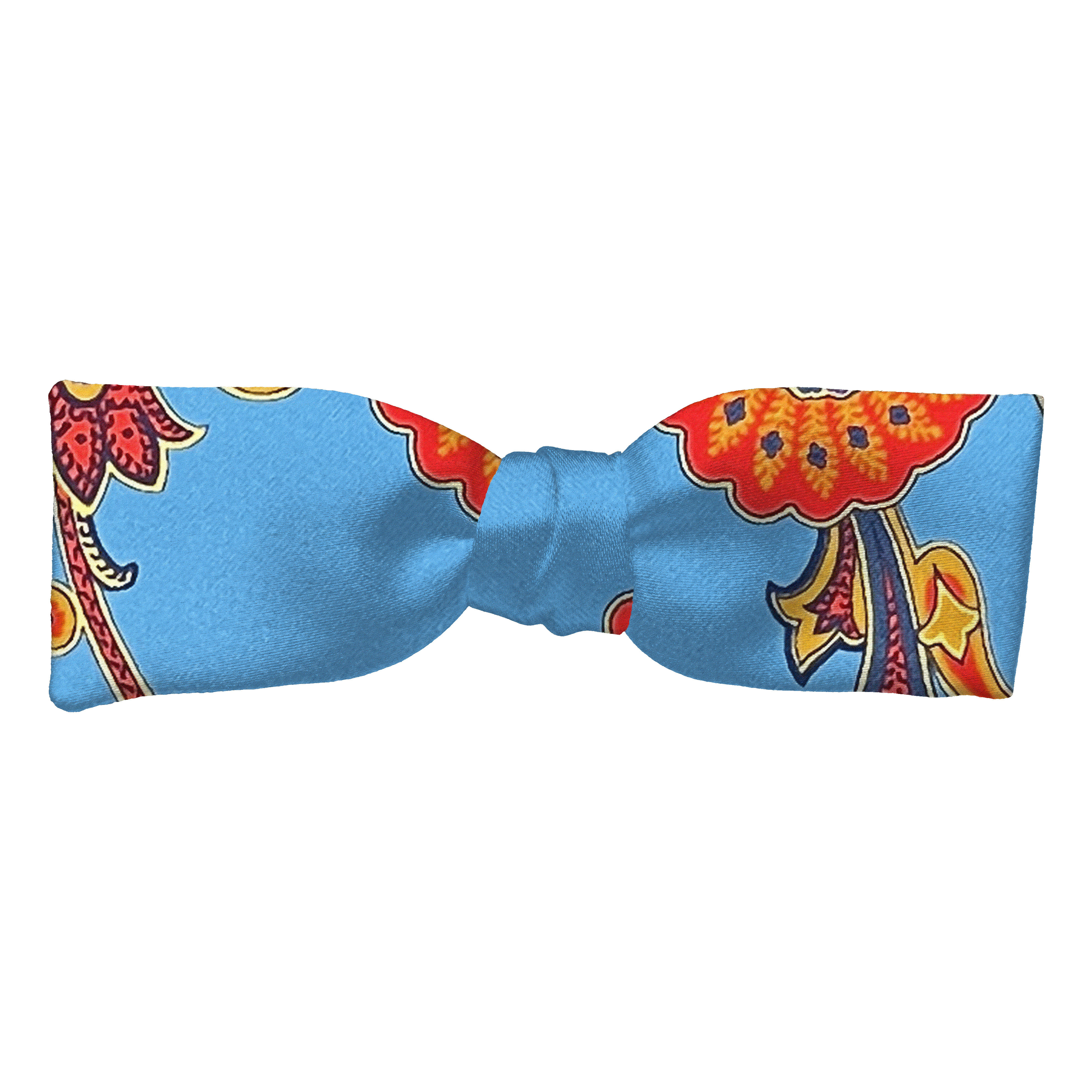 Schleife aus Seide, Form: gerade, Höhe: 35, Stoff: großes mehrfarbiges Paisley auf himmelblau (6843)