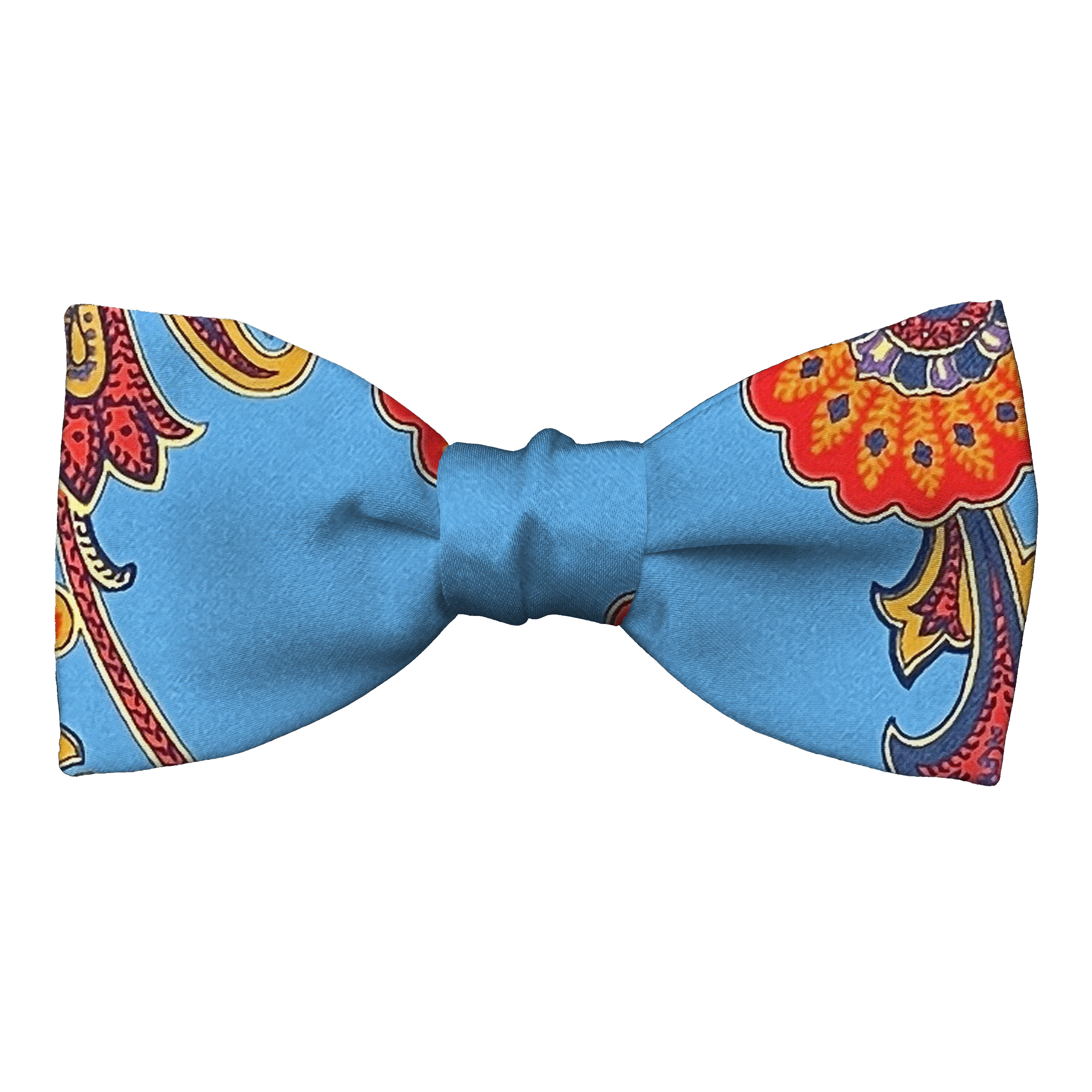 Schleife aus Seide, Form: gerade, Höhe: 50, Stoff: großes mehrfarbiges Paisley auf himmelblau (6843)