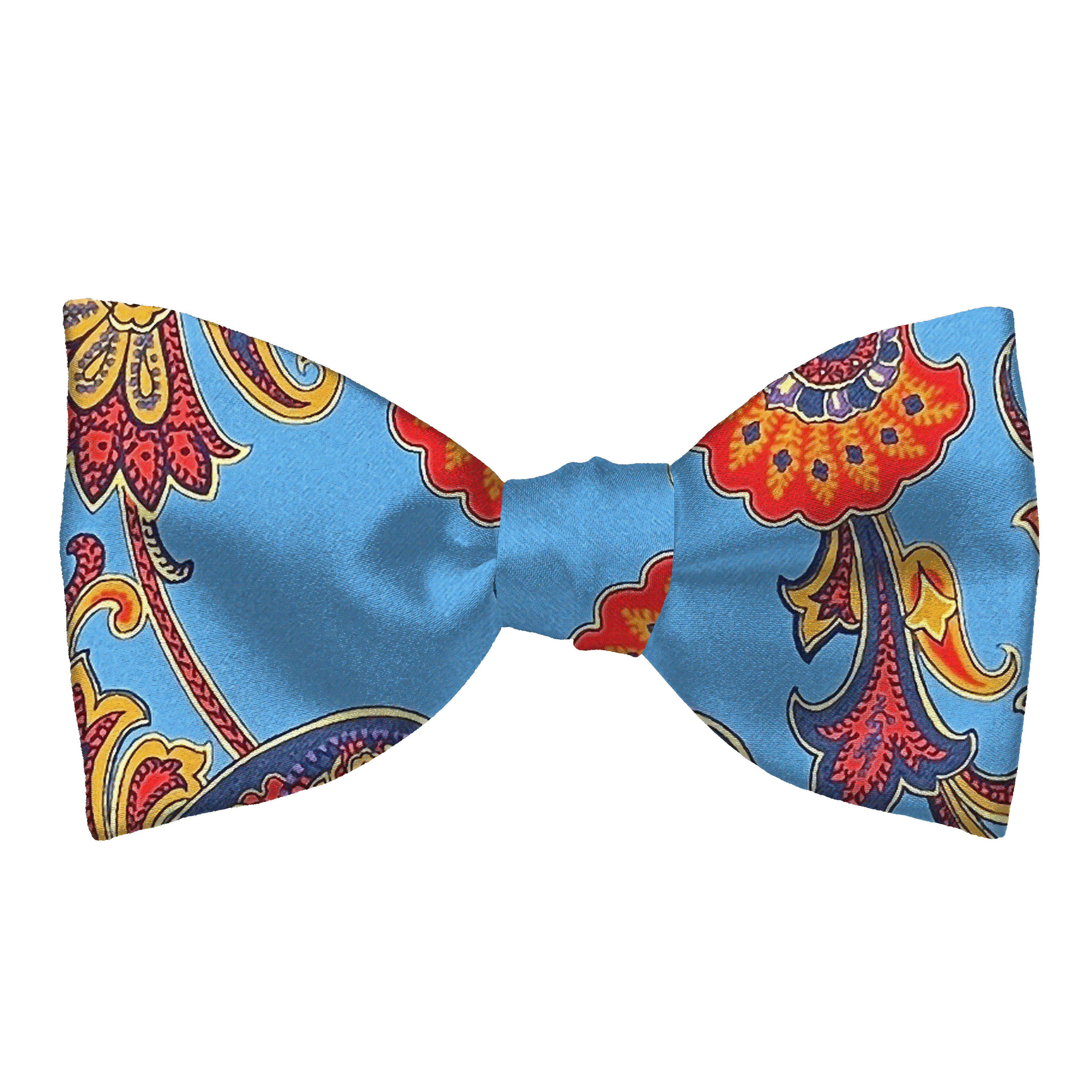 Schleife aus Seide, Form: gerade, Höhe: 65, Stoff: großes mehrfarbiges Paisley auf himmelblau (6843)