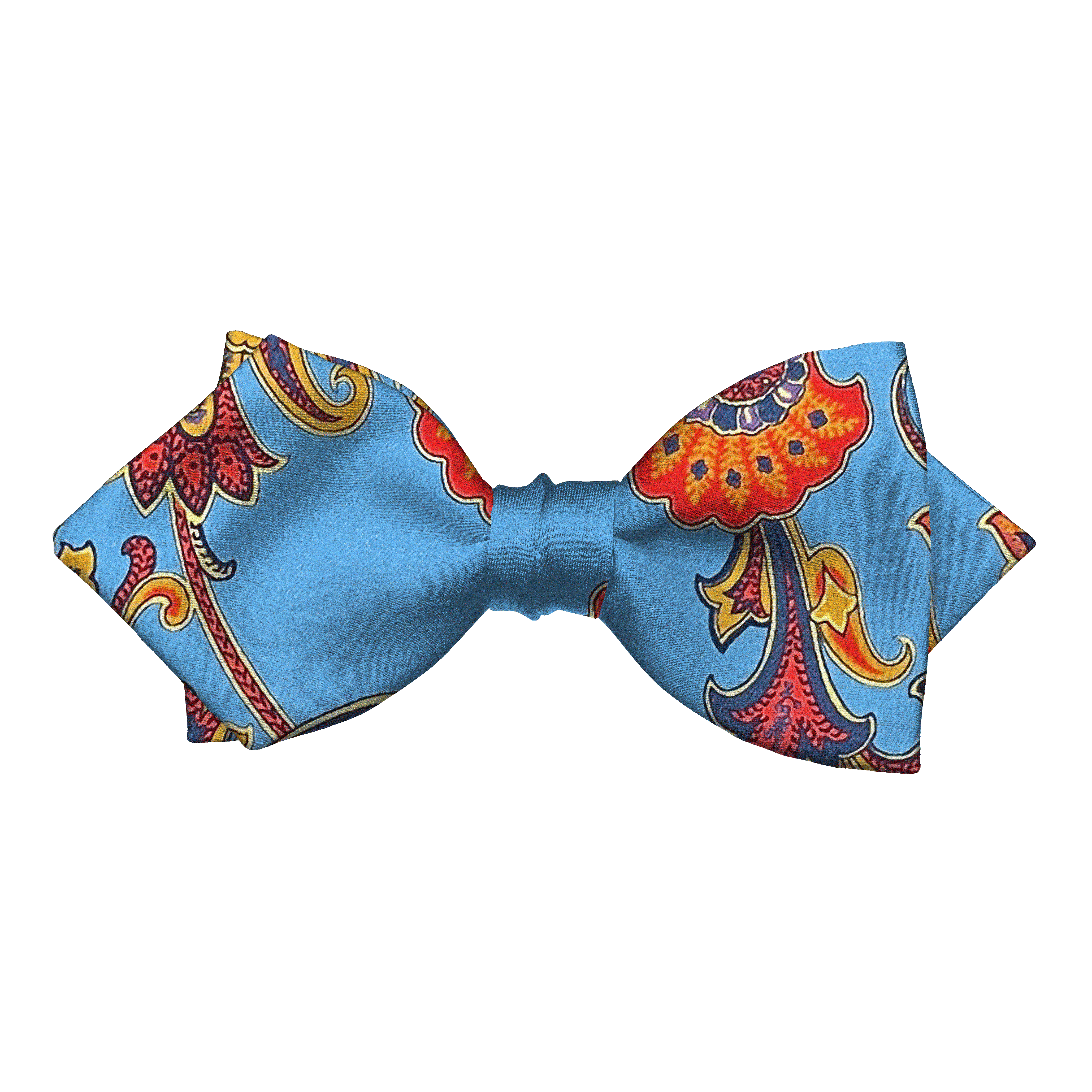 Schleife aus Seide, Form: spitz, Höhe: 60, Stoff: großes mehrfarbiges Paisley auf himmelblau (6843)