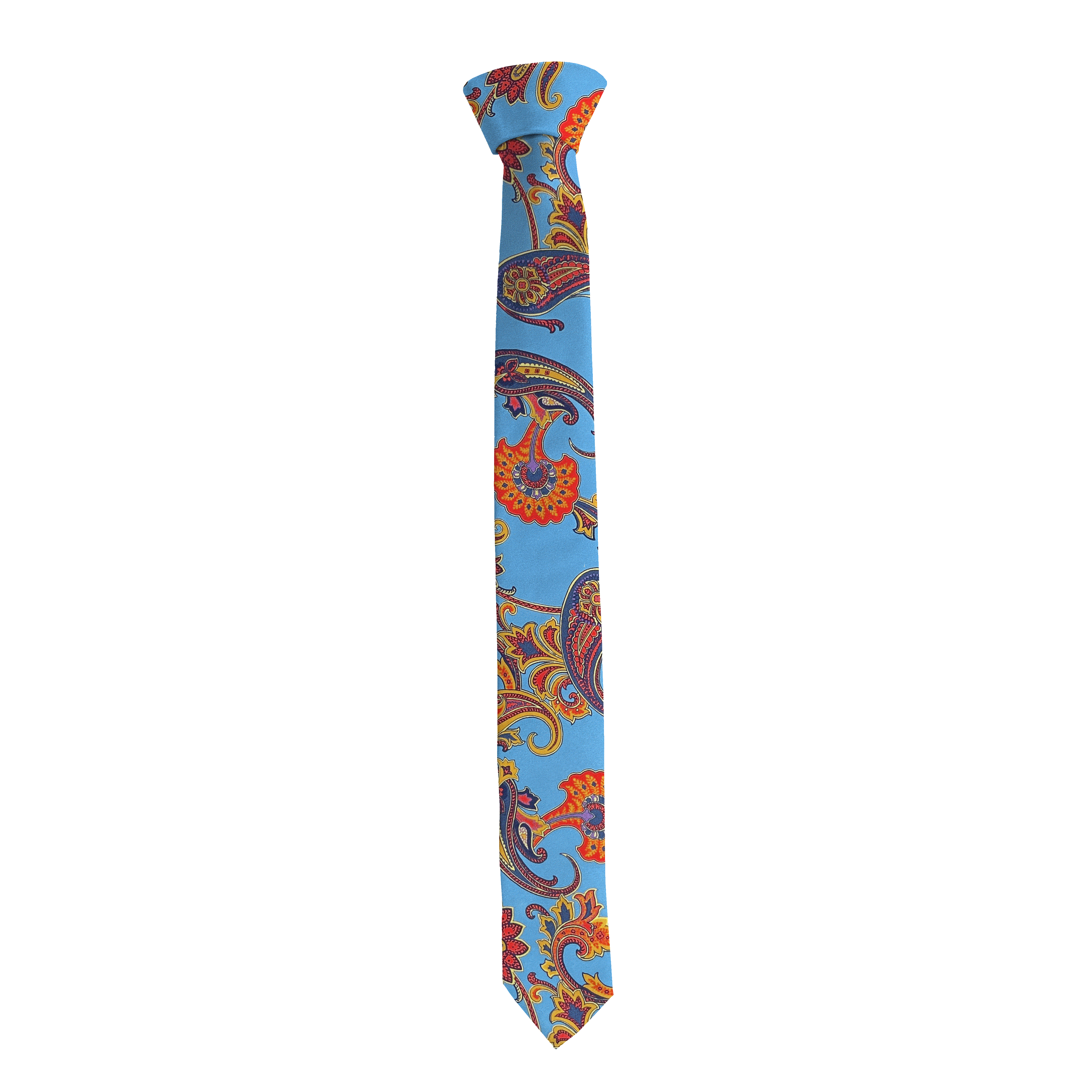 Krawatte aus Seide, Breite: 55, Stoff: großes mehrfarbiges Paisley auf himmelblau (6843)