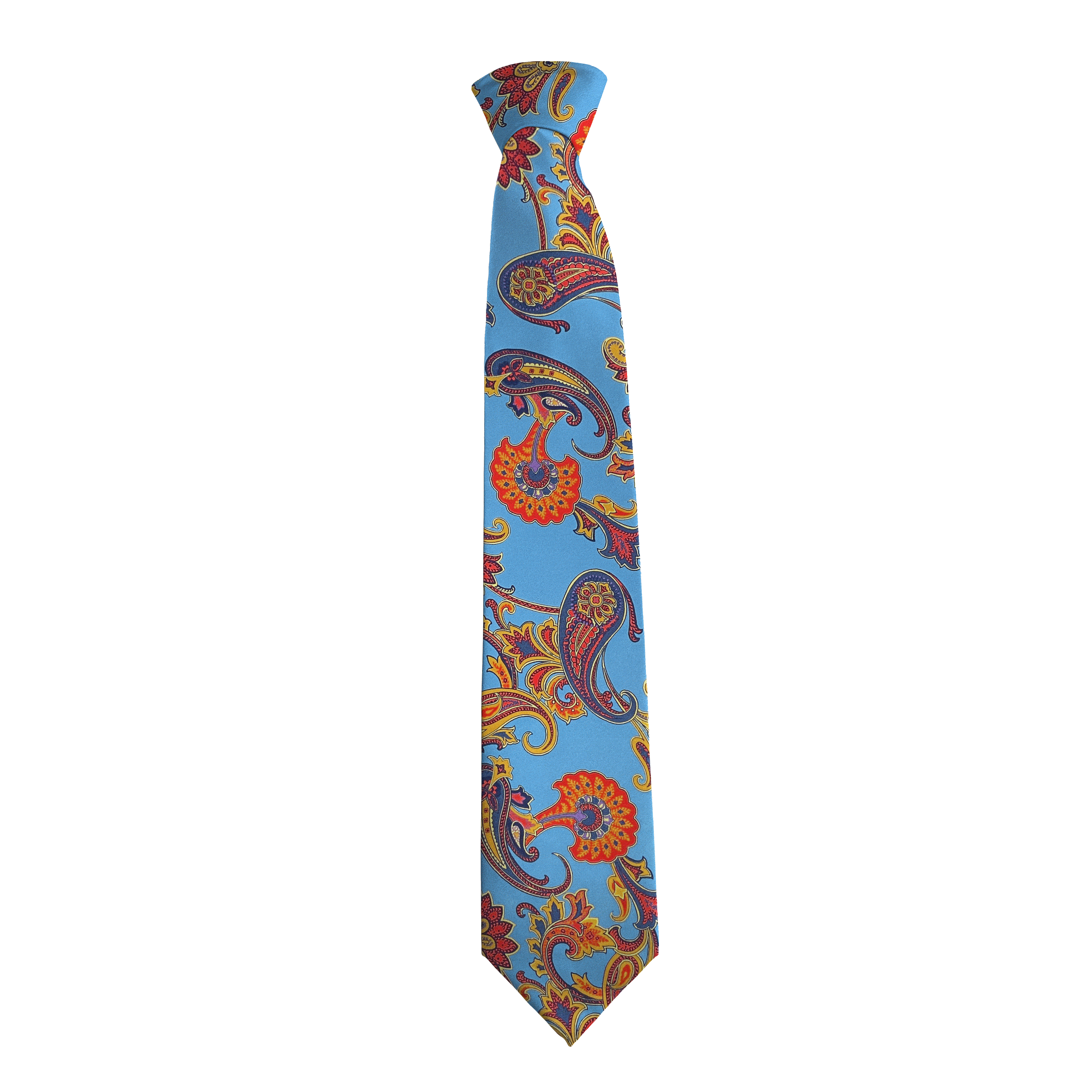 Krawatte aus Seide, Breite: 85, Stoff: großes mehrfarbiges Paisley auf himmelblau (6843)