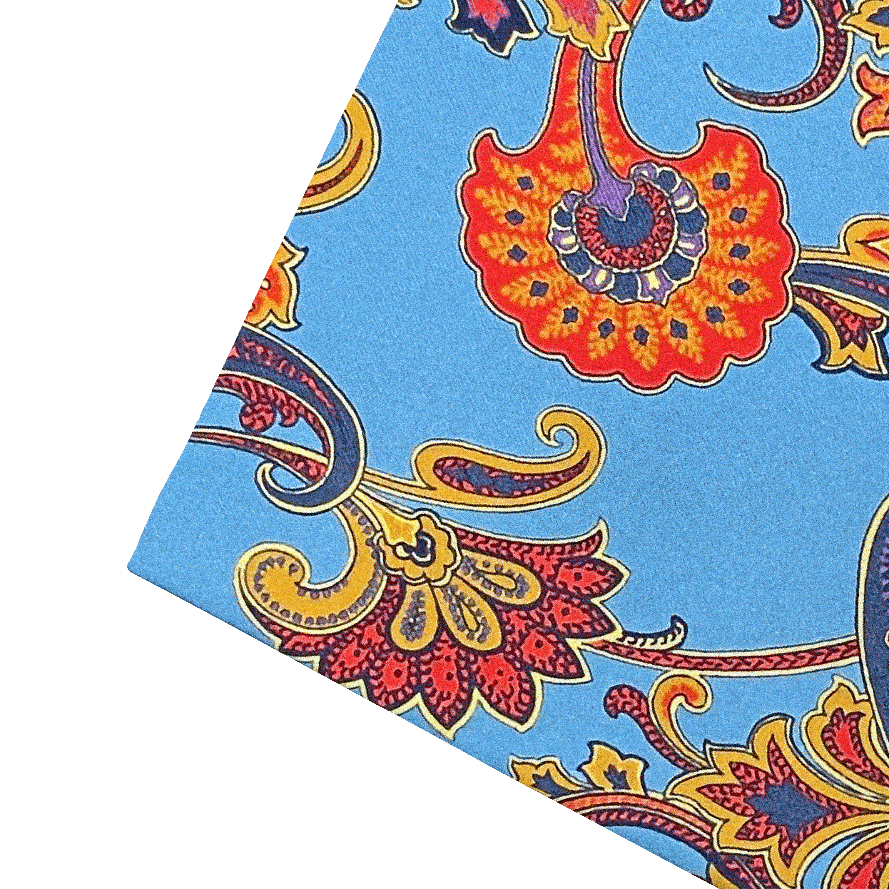 Ziertuch aus Seide, 30 x 30 cm, Stoff: großes mehrfarbiges Paisley auf himmelblau (6843)