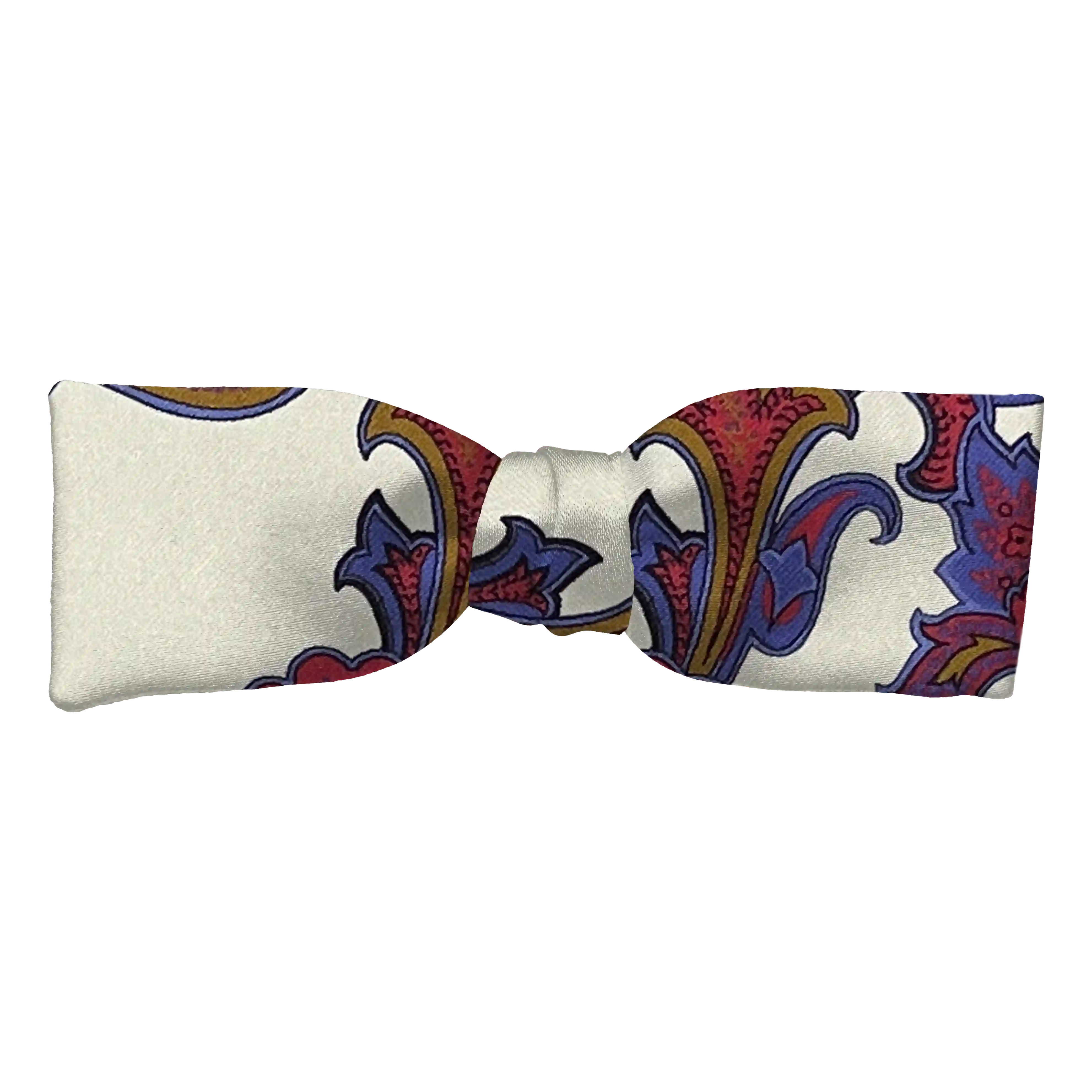 Schleife aus Seide, Form: gerade, Höhe: 35 mm, Stoff: großes mehrfarbiges Paisley auf crème (6844)