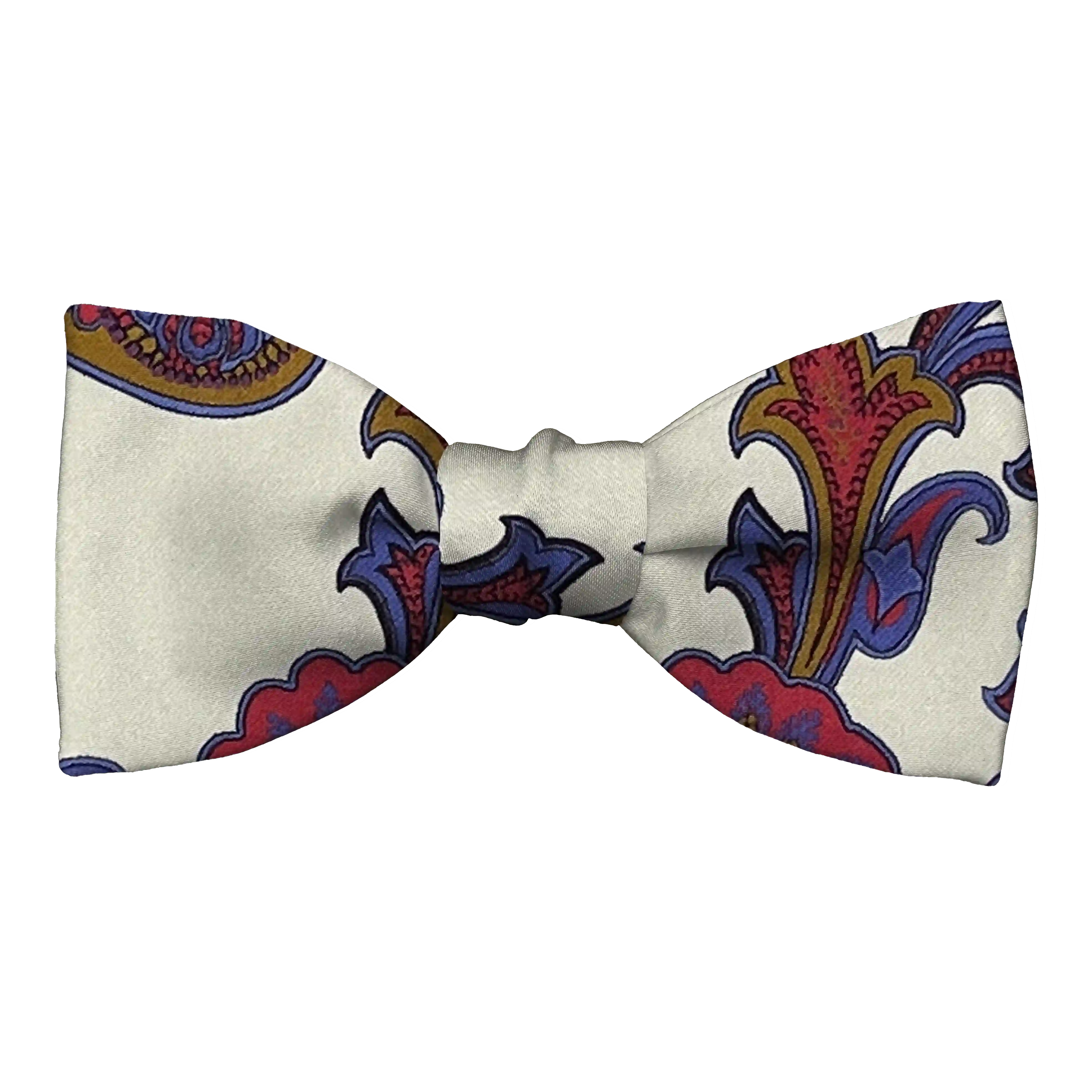 Schleife aus Seide, Form: gerade, Höhe: 50 mm, Stoff: großes mehrfarbiges Paisley auf crème (6844)