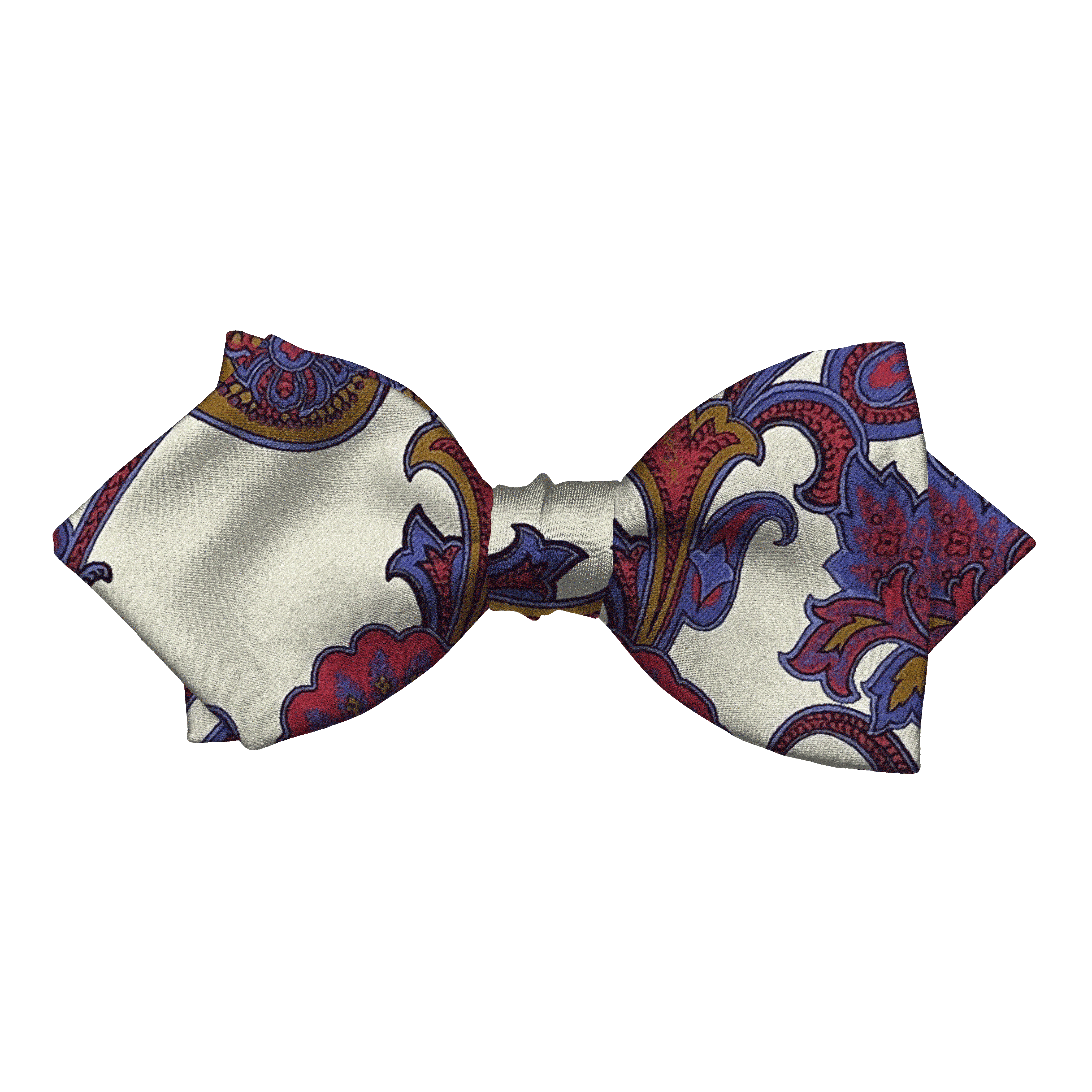 Schleife aus Seide, Form: spitz, Höhe: 60, Stoff: großes mehrfarbiges Paisley auf crème (6844)