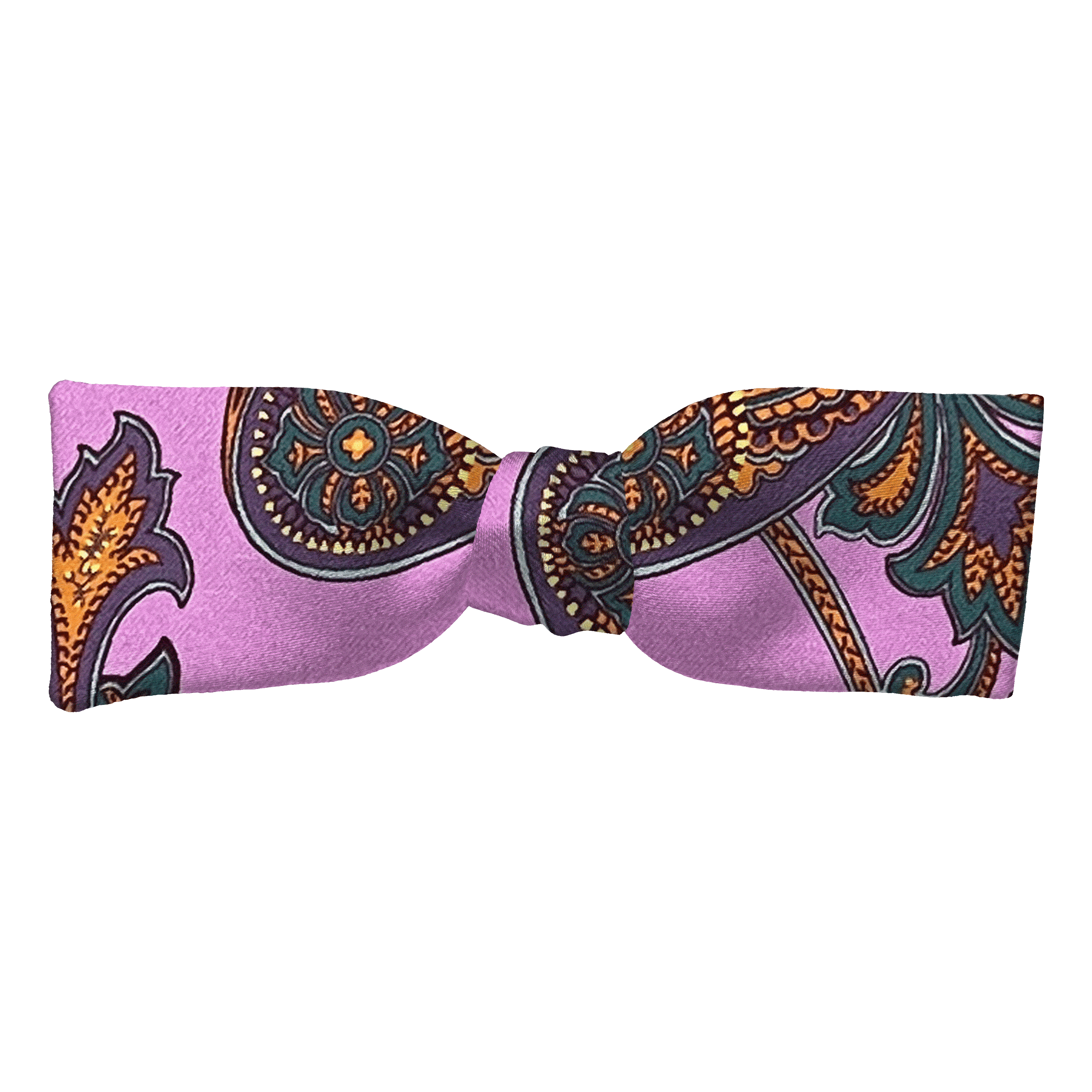 Schleife aus Seide, Form: gerade, Höhe: 35, Stoff: großes mehrfarbiges Paisley auf lila (6845)