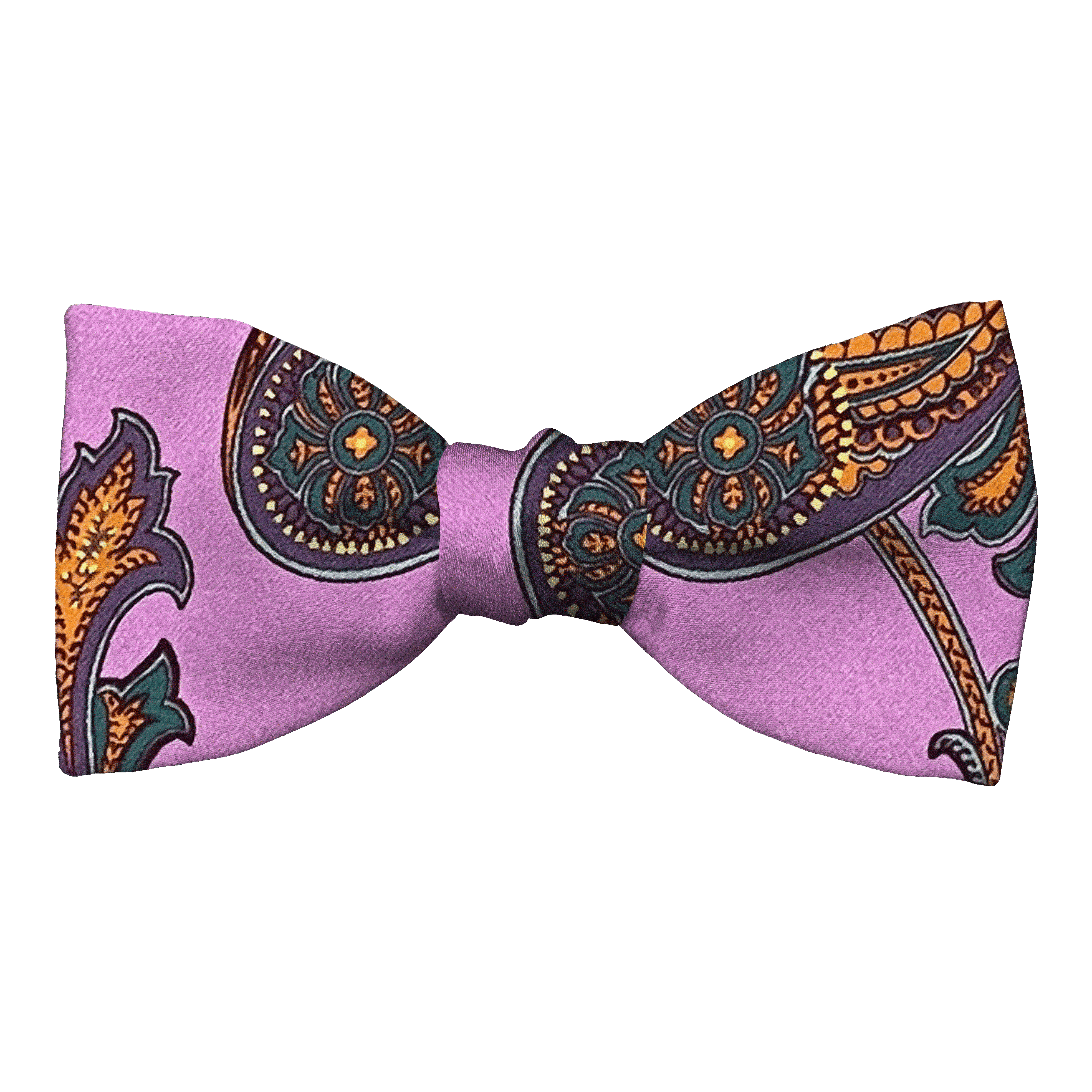 Schleife aus Seide, Form: gerade, Höhe: 50, Stoff: großes mehrfarbiges Paisley auf lila (6845)