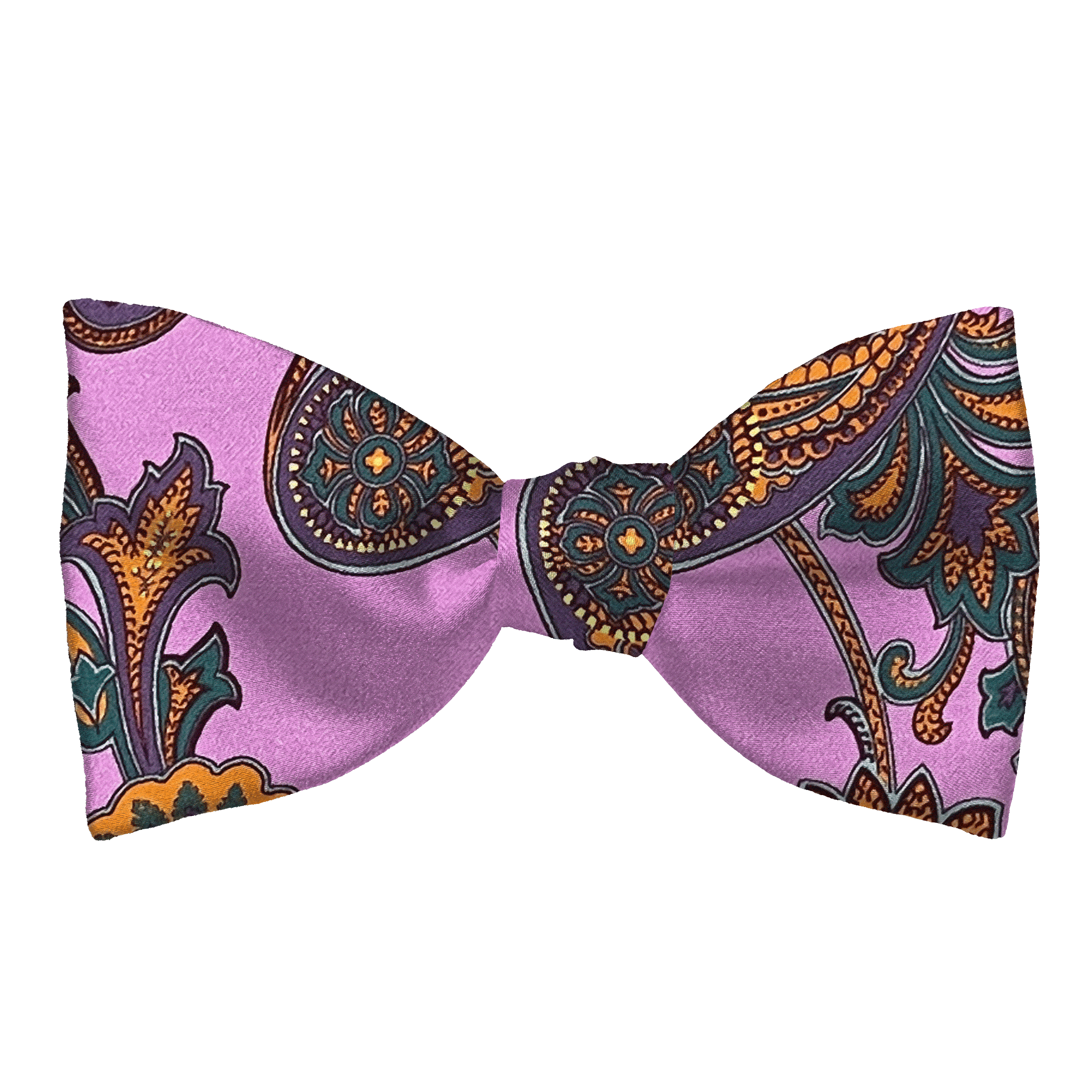 Schleife aus Seide, Form: gerade, Höhe: 65, Stoff: großes mehrfarbiges Paisley auf lila (6845)