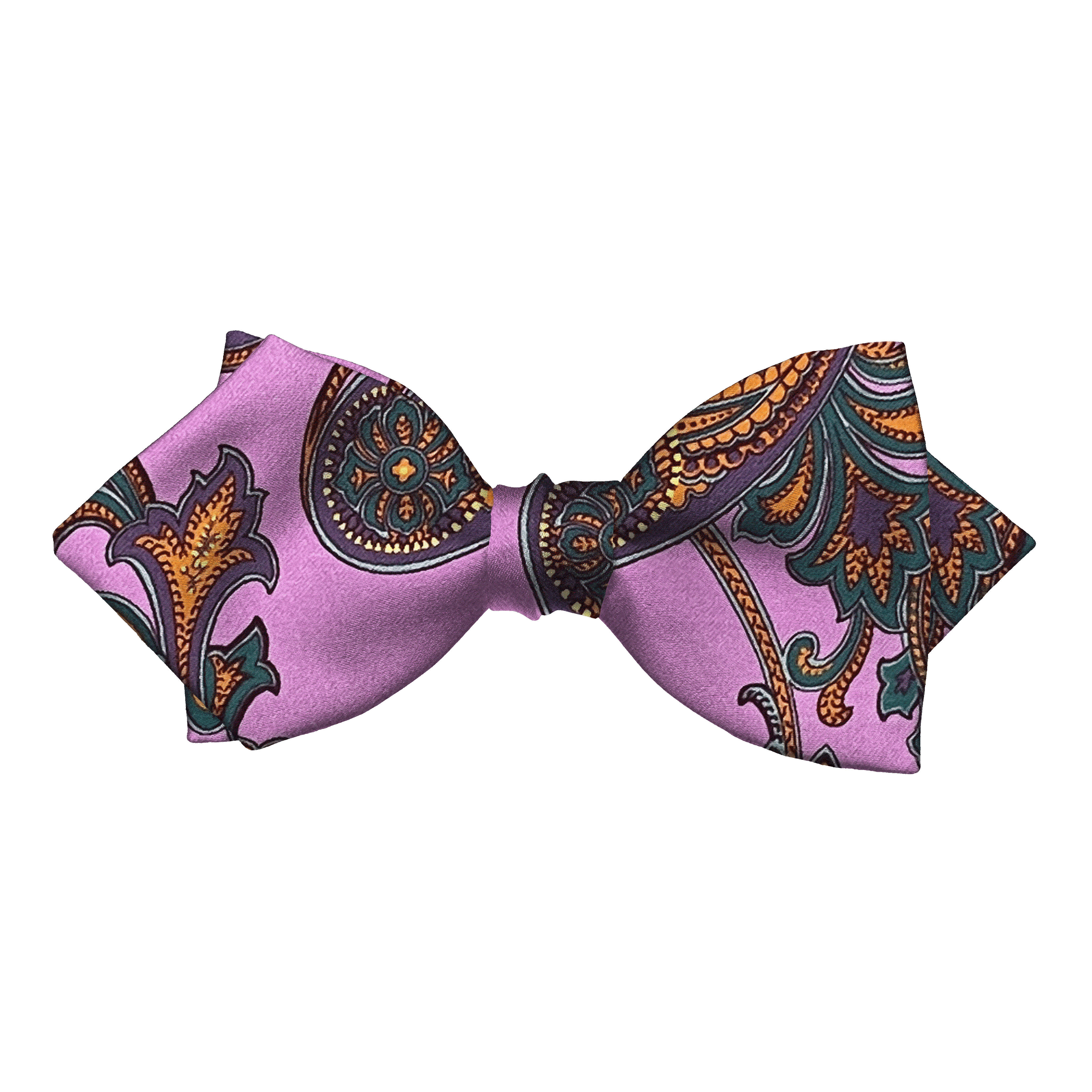 Schleife aus Seide, Form: spitz, Höhe: 60, Stoff: großes mehrfarbiges Paisley auf lila (6845)