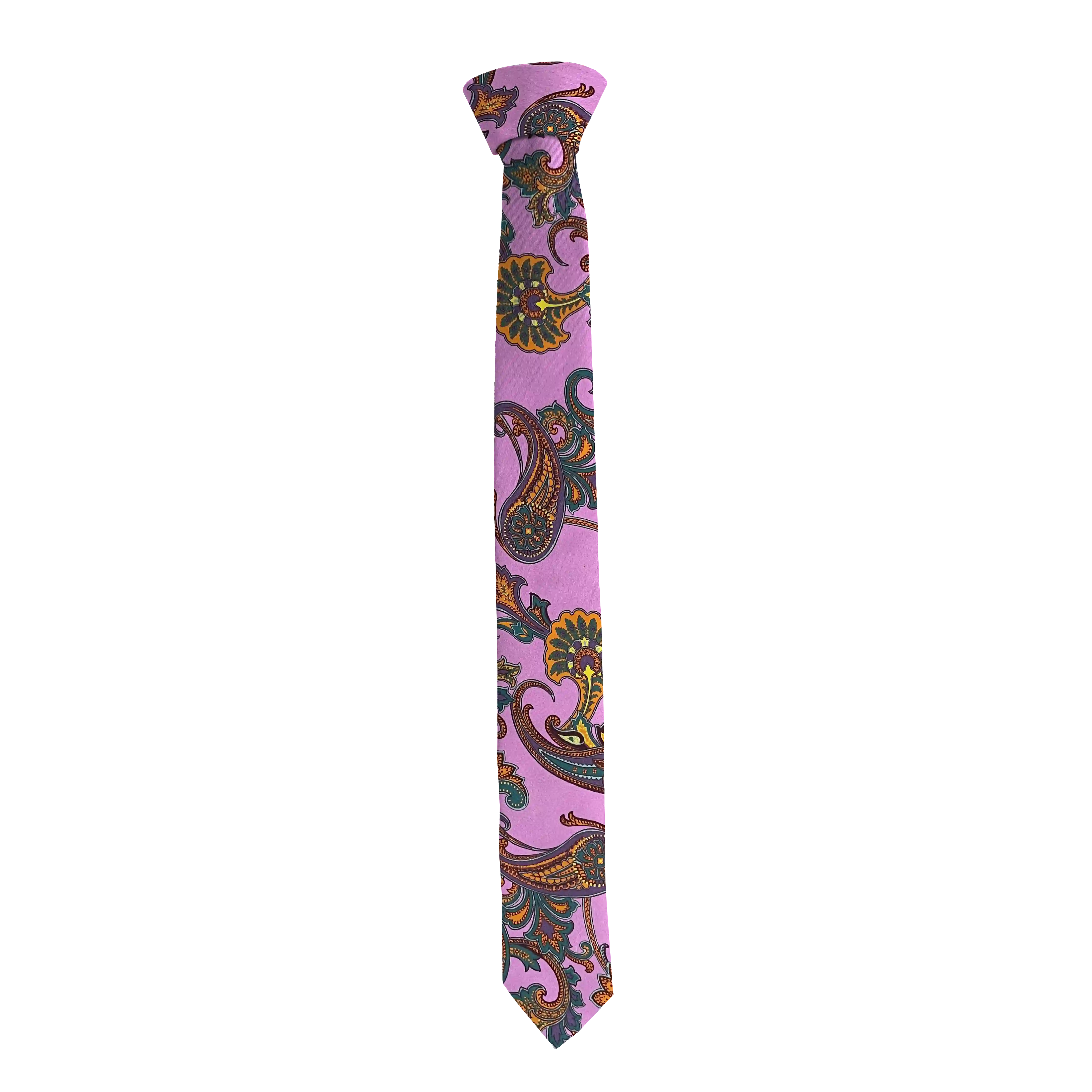 Krawatte aus Seide, Breite: 55 mm, Stoff: großes mehrfarbiges Paisley auf lila (6845)