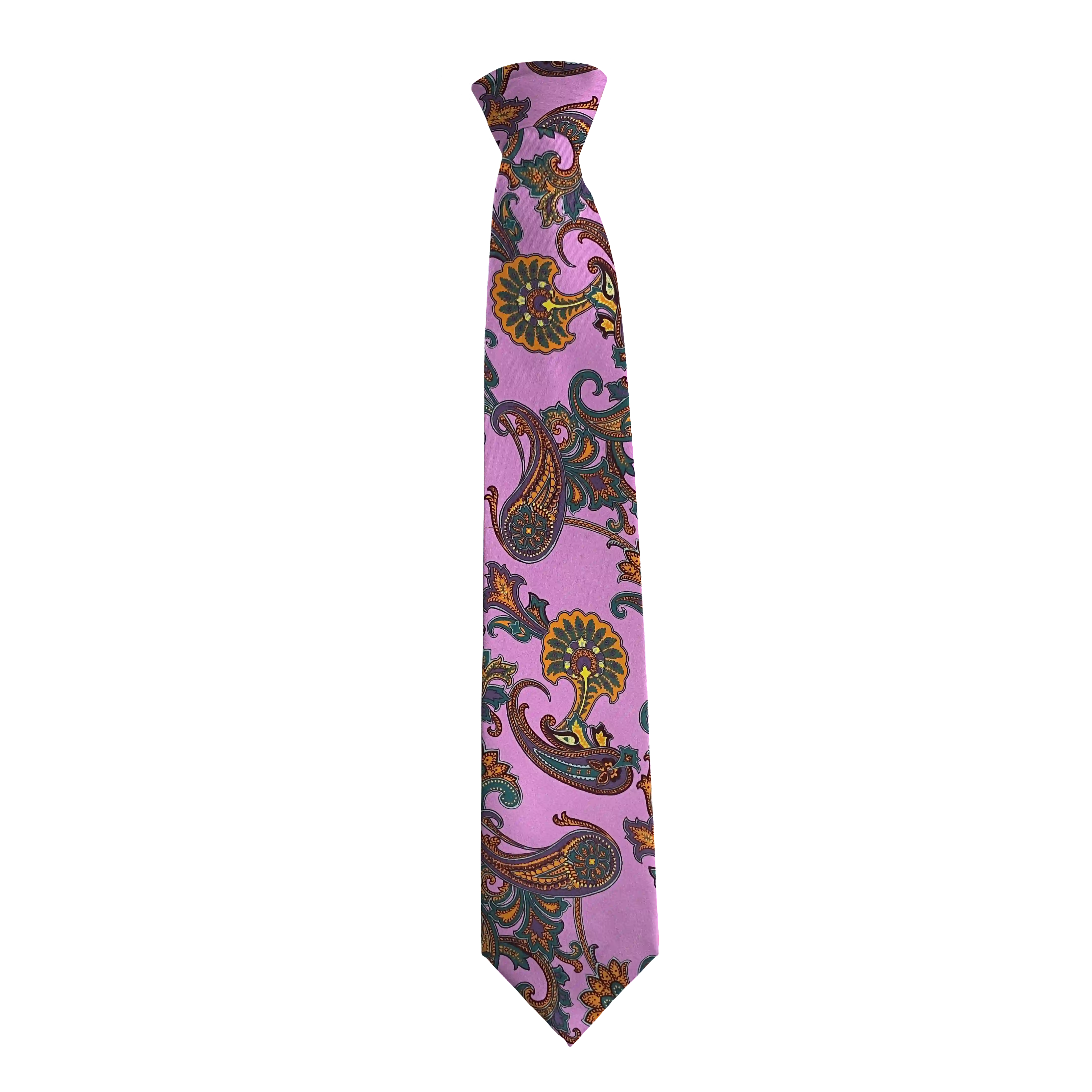 Krawatte aus Seide, Breite: 85 mm, Stoff: großes mehrfarbiges Paisley auf lila (6845)