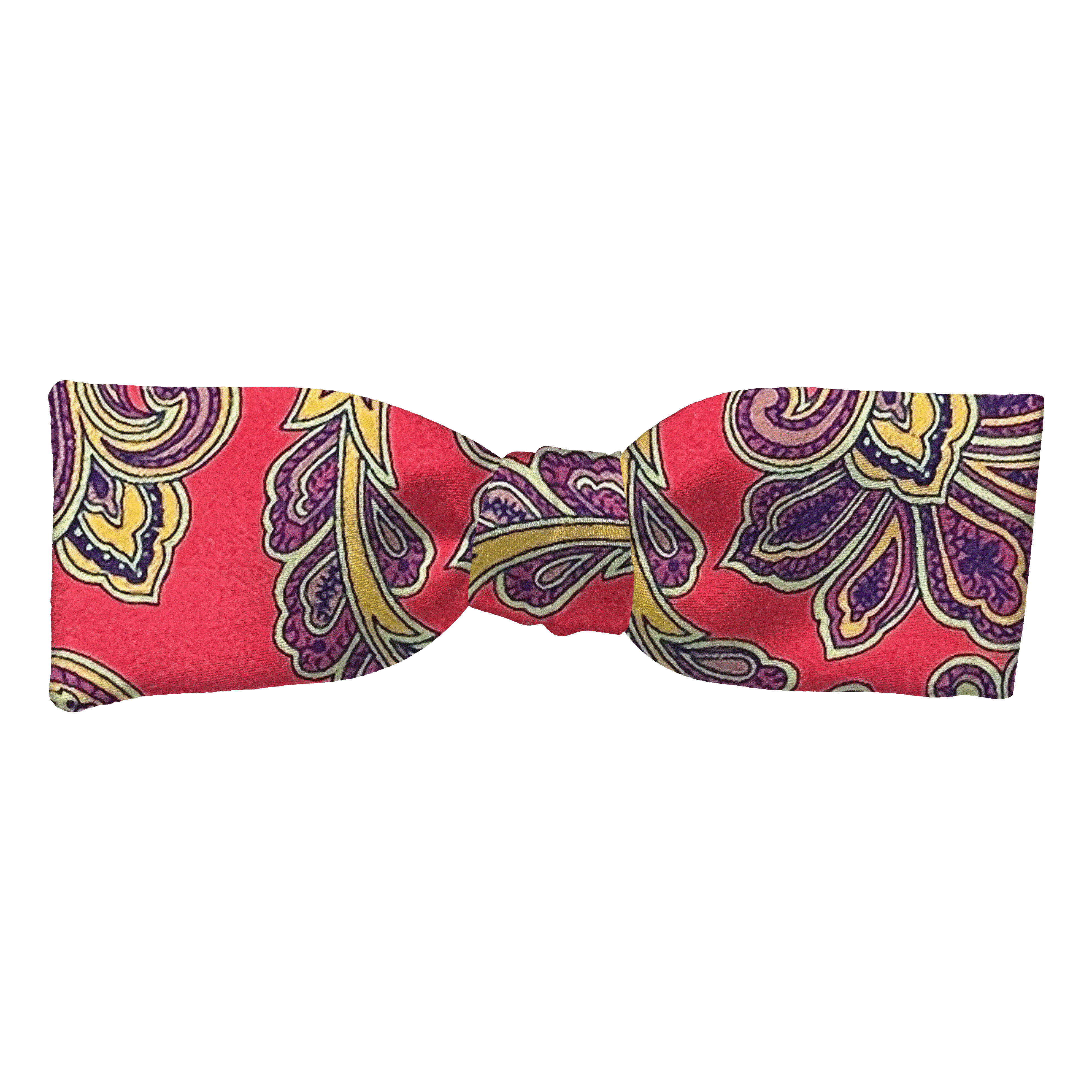 Schleife aus Seide, Form: gerade, Höhe: 35, Stoff: großes mehrfarbiges Paisley auf rot (6752)