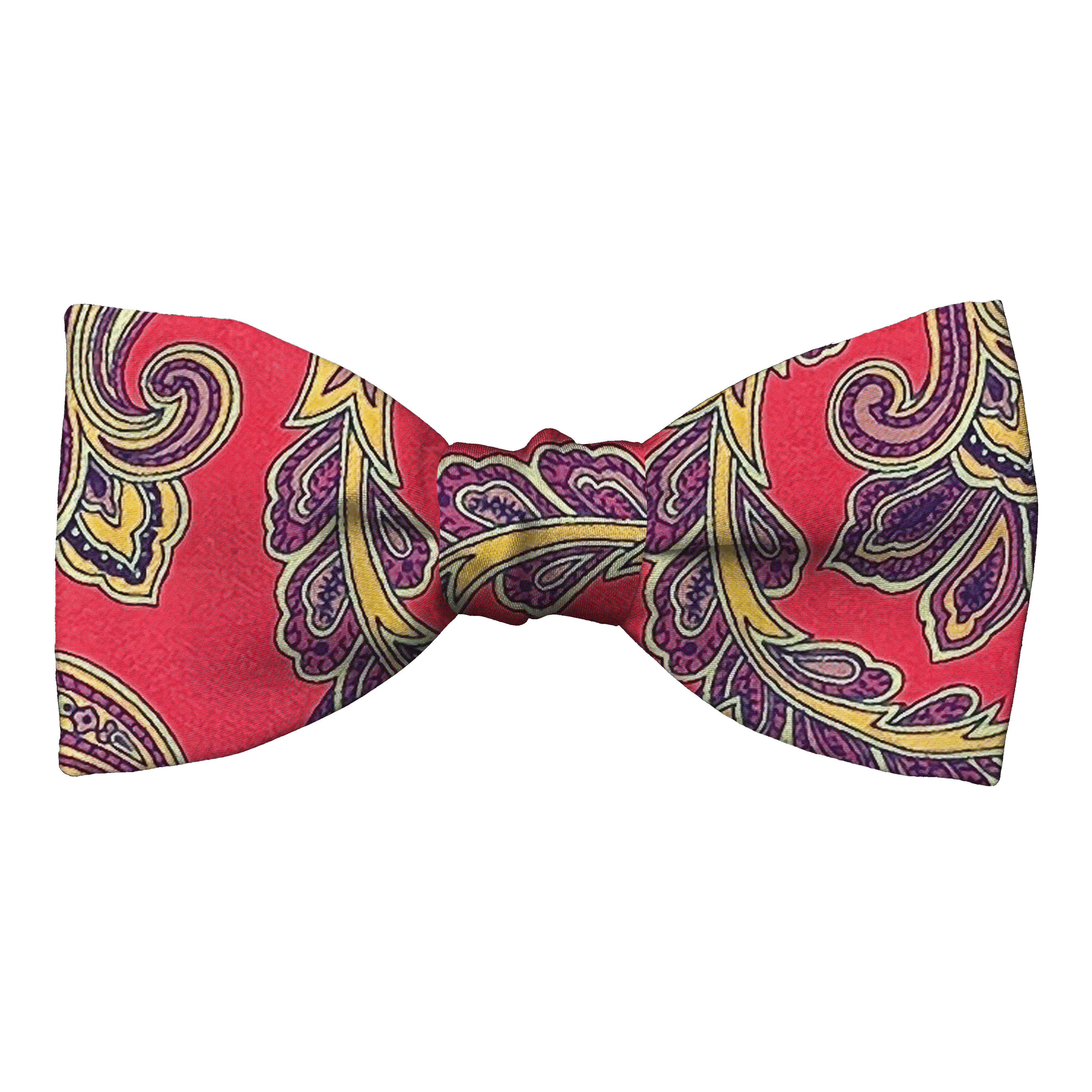 Schleife aus Seide, Form: gerade, Höhe: 50, Stoff: großes mehrfarbiges Paisley auf rot (6752)