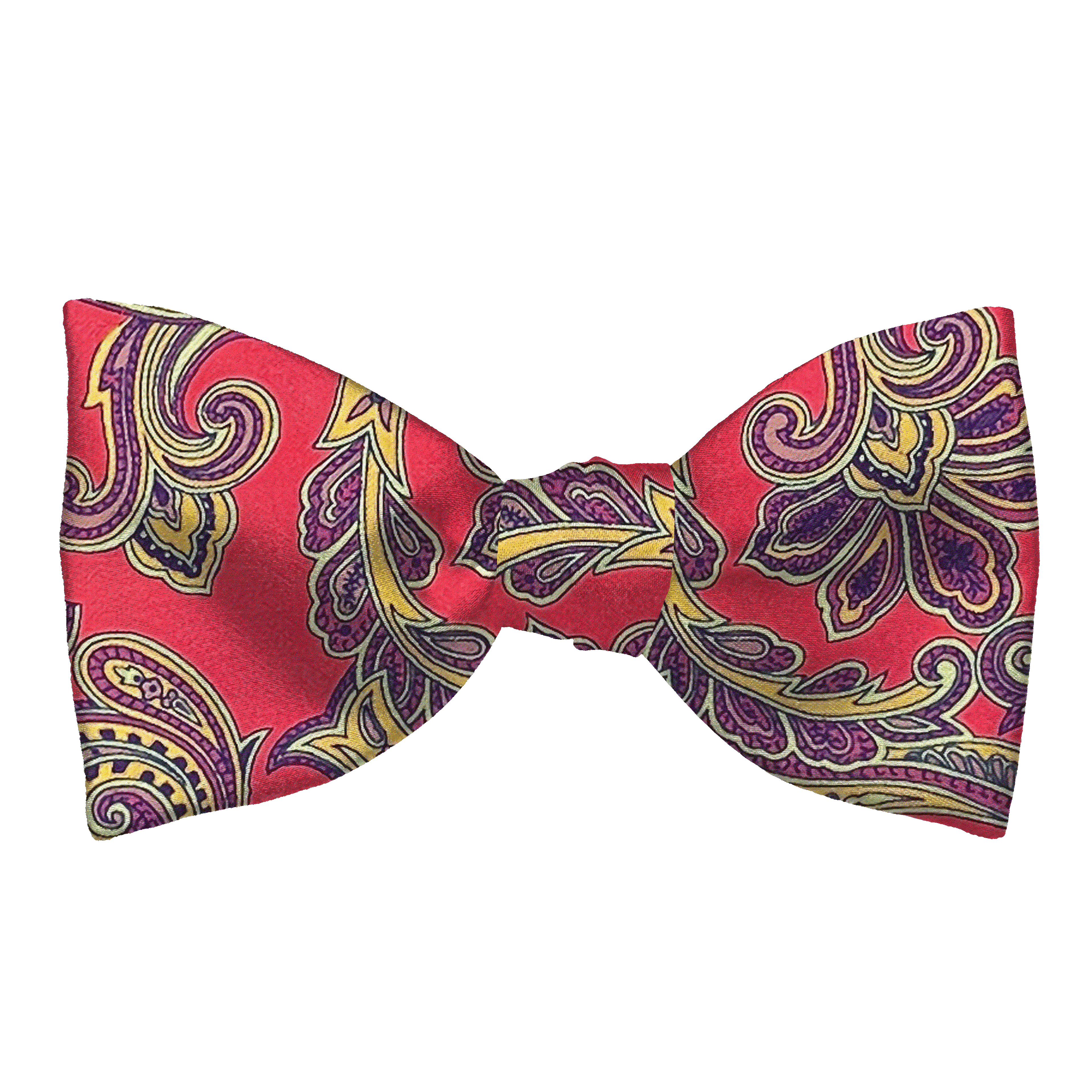 Schleife aus Seide, Form: gerade, Höhe: 65, Stoff: großes mehrfarbiges Paisley auf rot (6752)