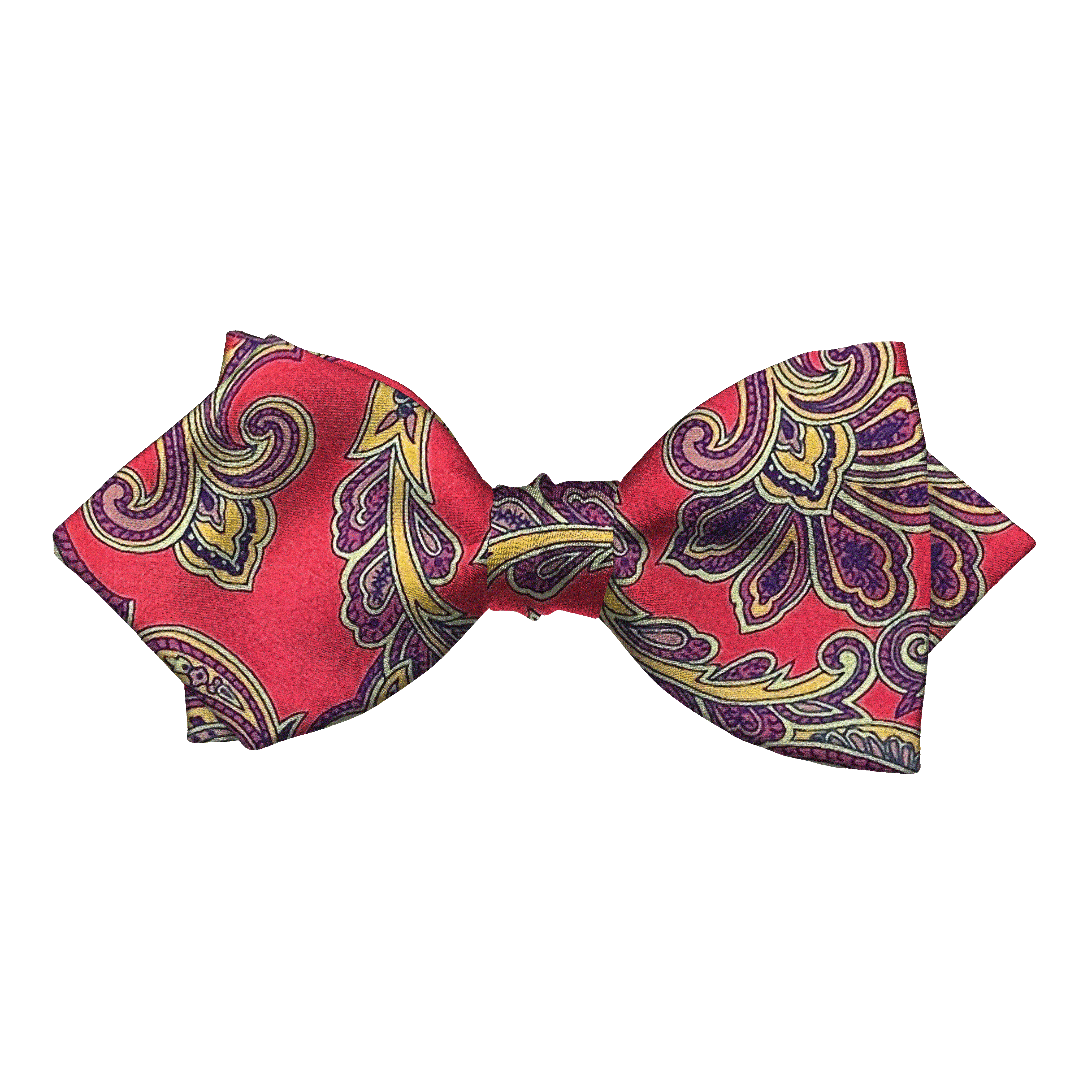 Schleife aus Seide, Form: spitz, Höhe: 60, Stoff: großes mehrfarbiges Paisley auf rot (6752)