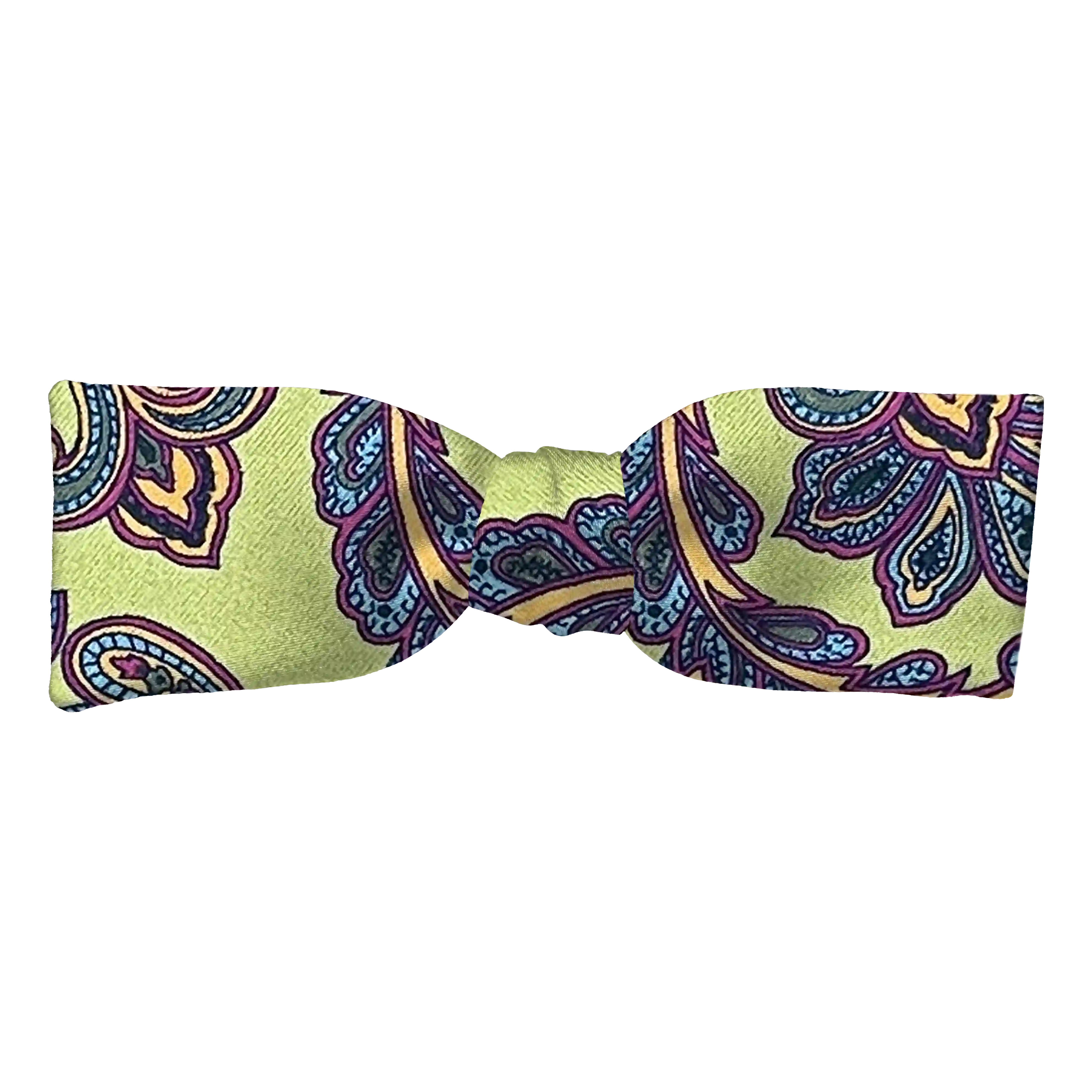 Schleife aus Seide, Form: gerade, Höhe: 35 mm, Stoff: großes mehrfarbiges Paisley auf grün (6753)