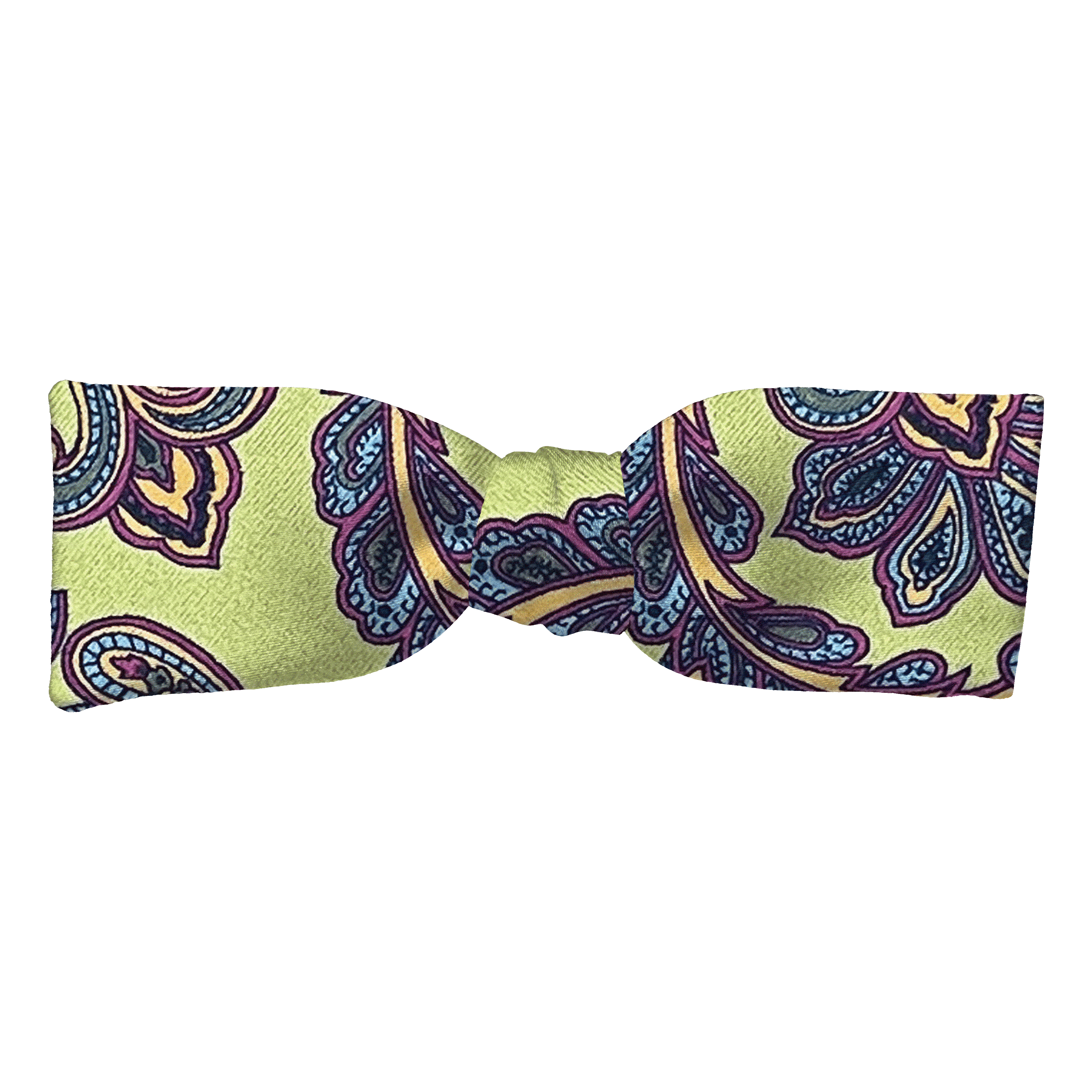 Schleife aus Seide, Form: gerade, Höhe: 35, Stoff: großes mehrfarbiges Paisley auf grün (6753)
