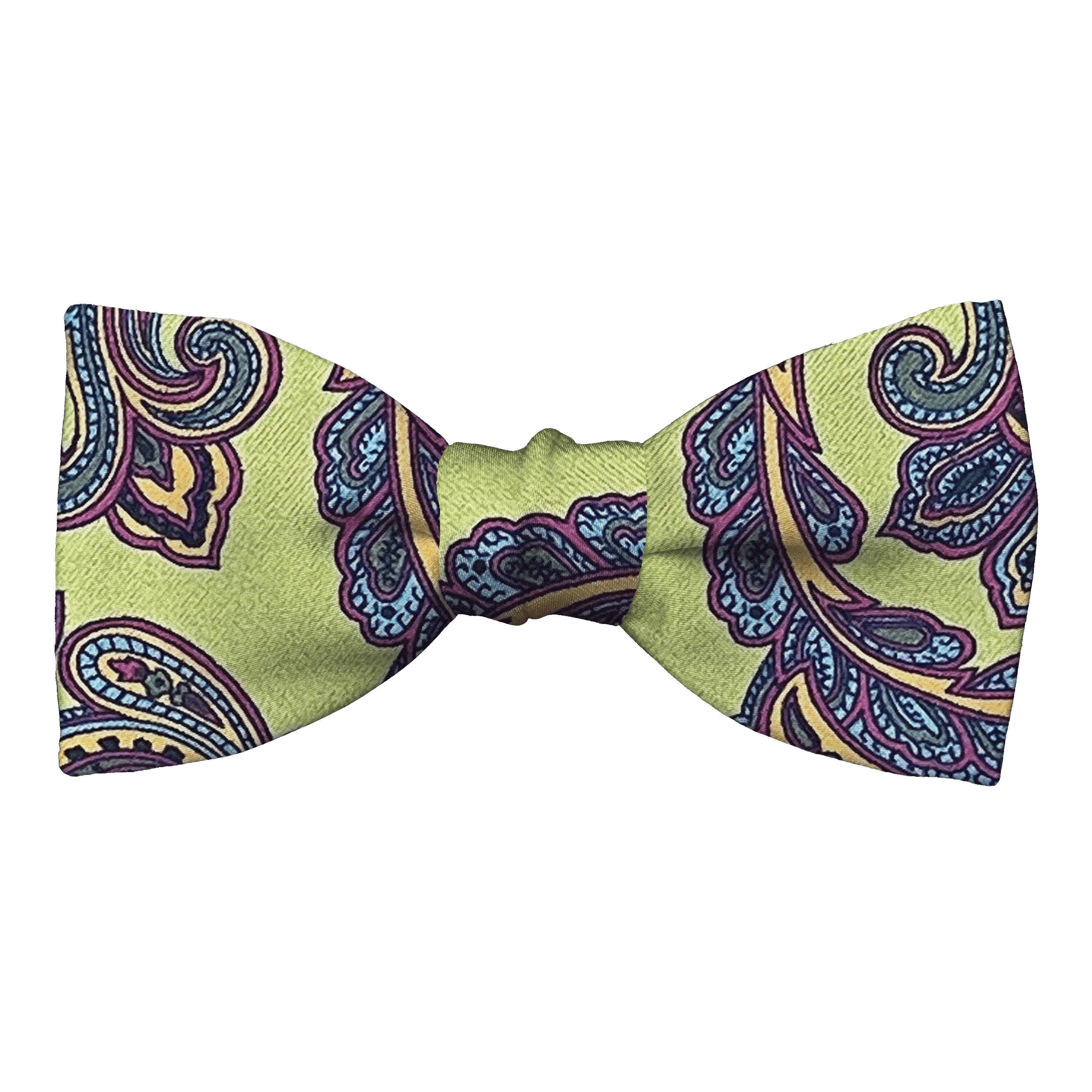 Schleife aus Seide, Form: gerade, Höhe: 50, Stoff: großes mehrfarbiges Paisley auf grün (6753)