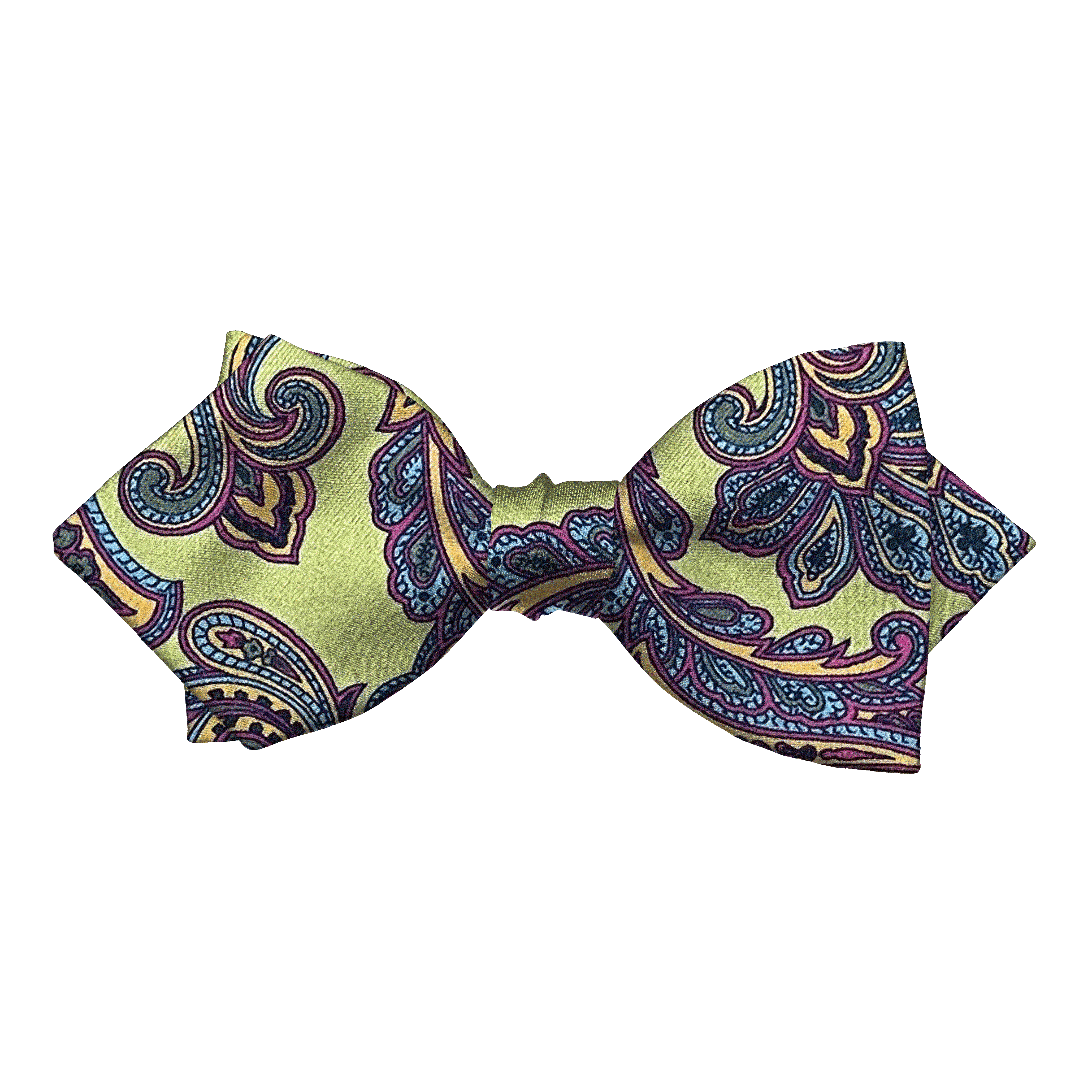 Schleife aus Seide, Form: spitz, Höhe: 60, Stoff: großes mehrfarbiges Paisley auf grün (6753)