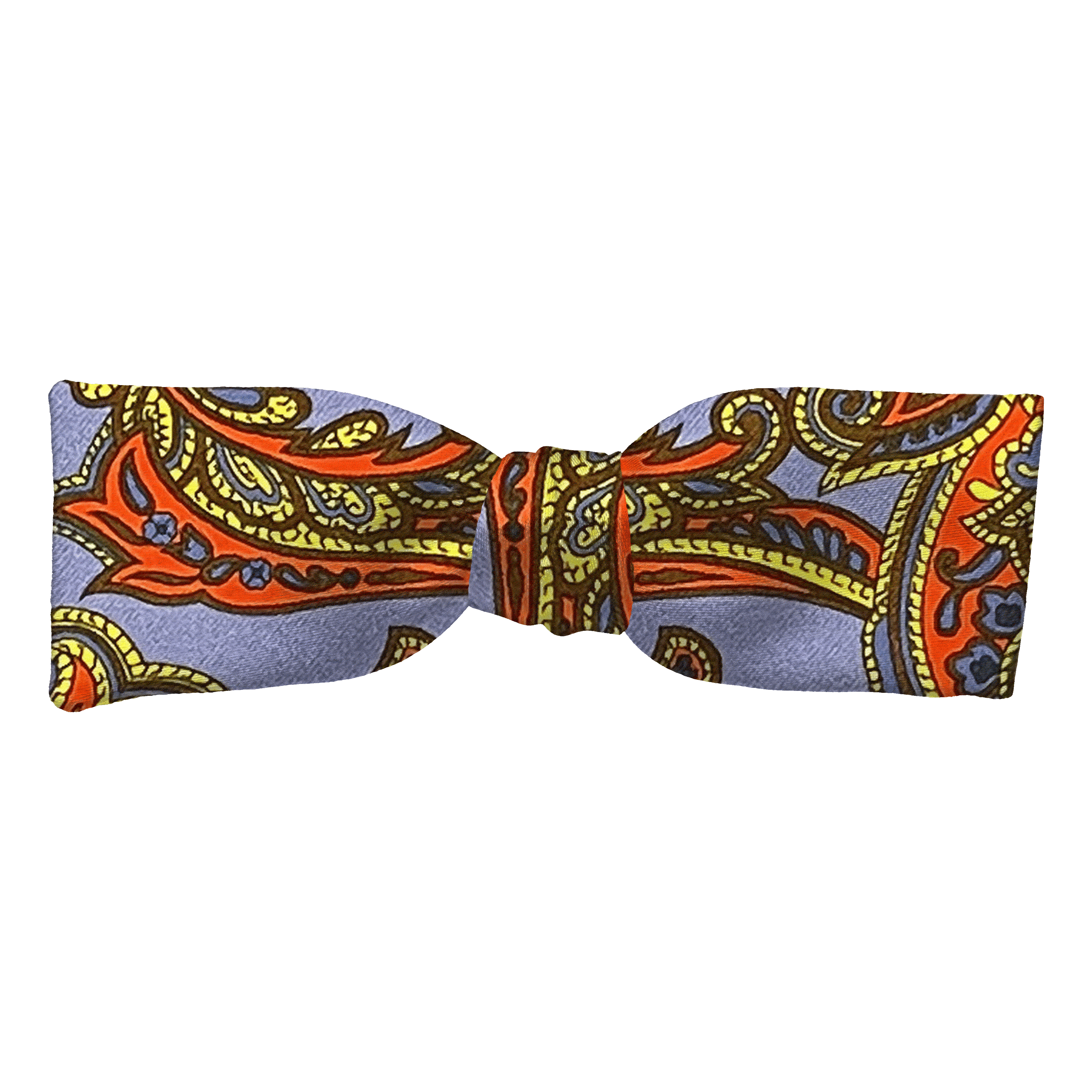 Schleife aus Seide, Form: gerade, Höhe: 35, Stoff: großes mehrfarbiges Paisley auf blau (6754)