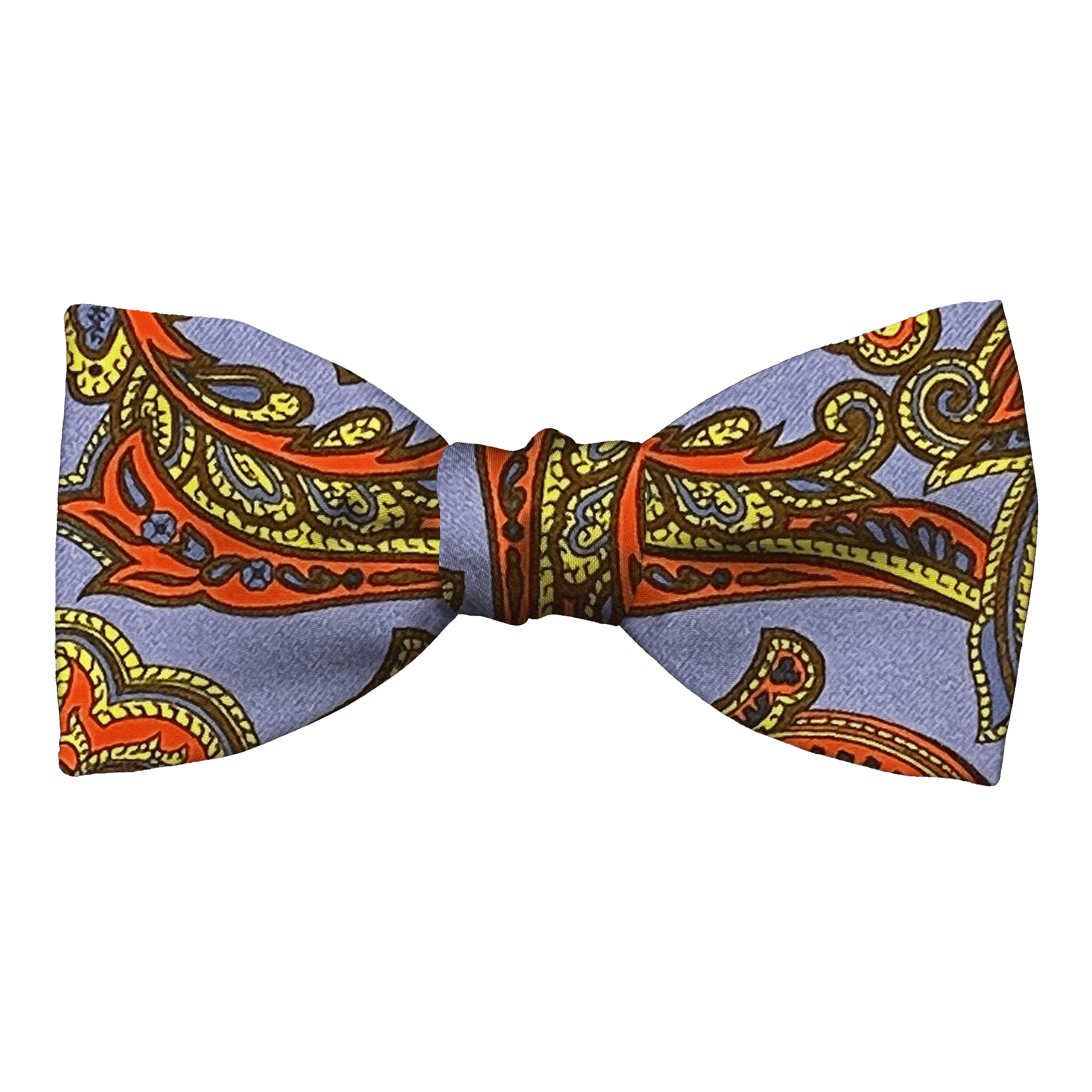 Schleife aus Seide, Form: gerade, Höhe: 50, Stoff: großes mehrfarbiges Paisley auf blau (6754)