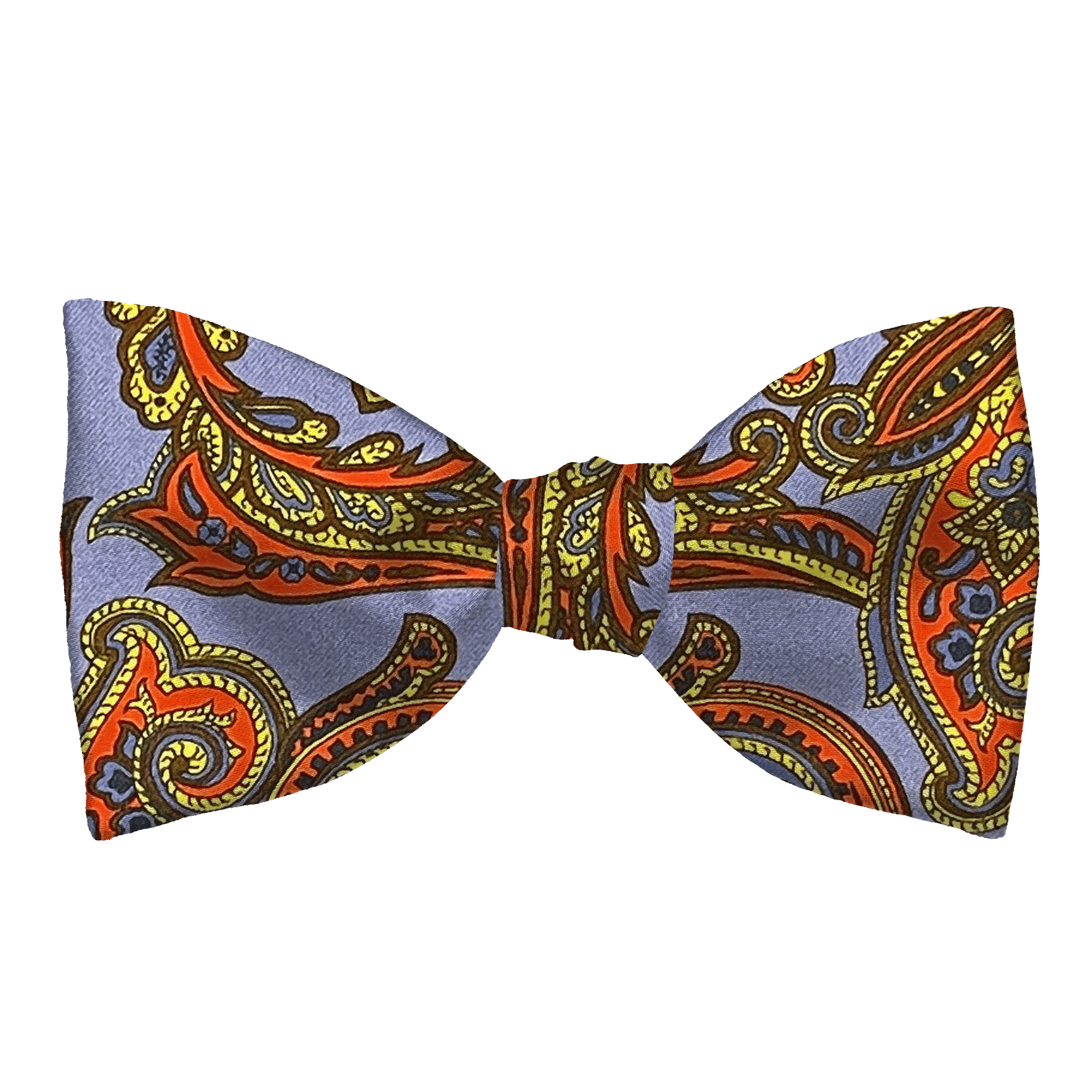 Schleife aus Seide, Form: gerade, Höhe: 65, Stoff: großes mehrfarbiges Paisley auf blau (6754)