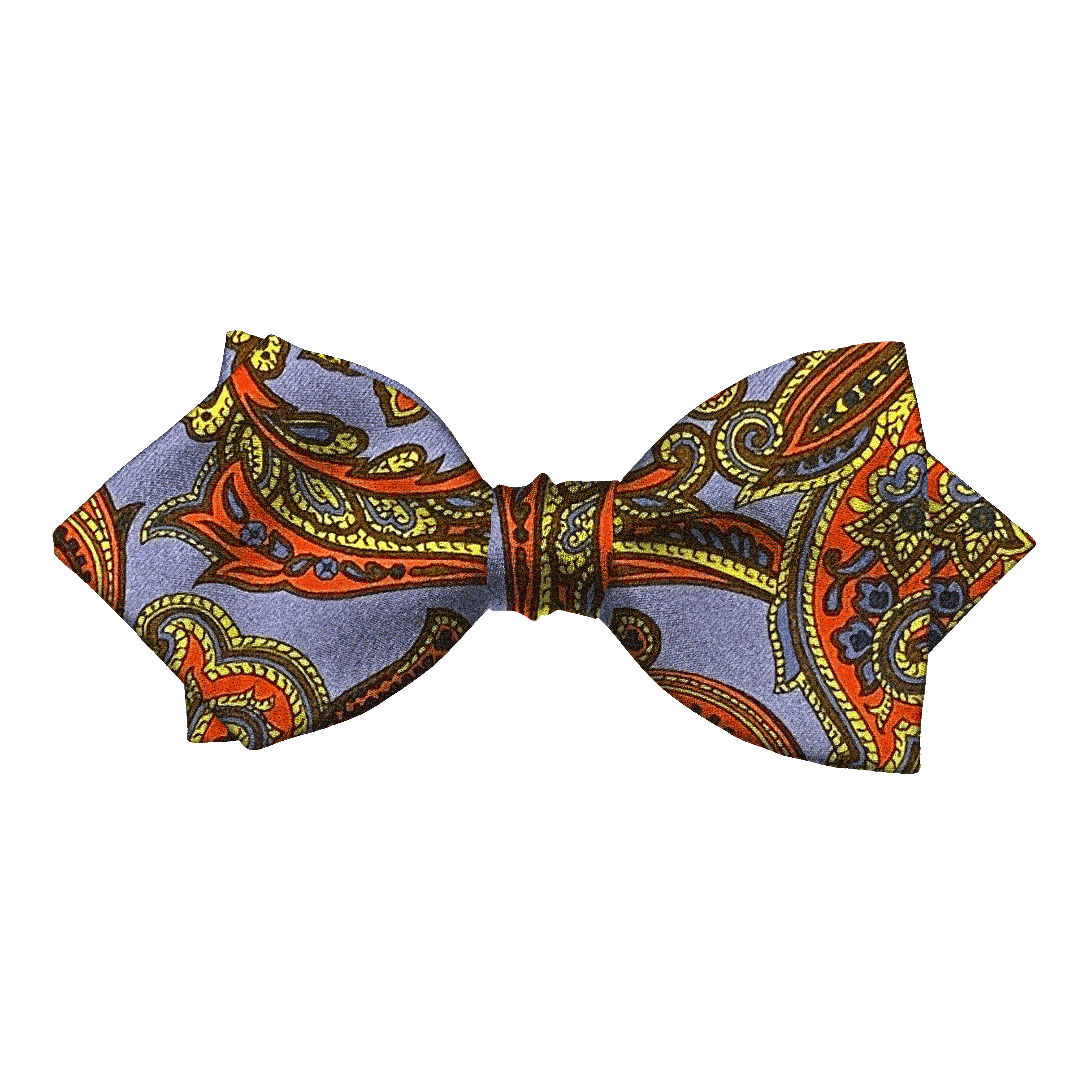 Schleife aus Seide, Form: spitz, Höhe: 60, Stoff: großes mehrfarbiges Paisley auf blau (6754)