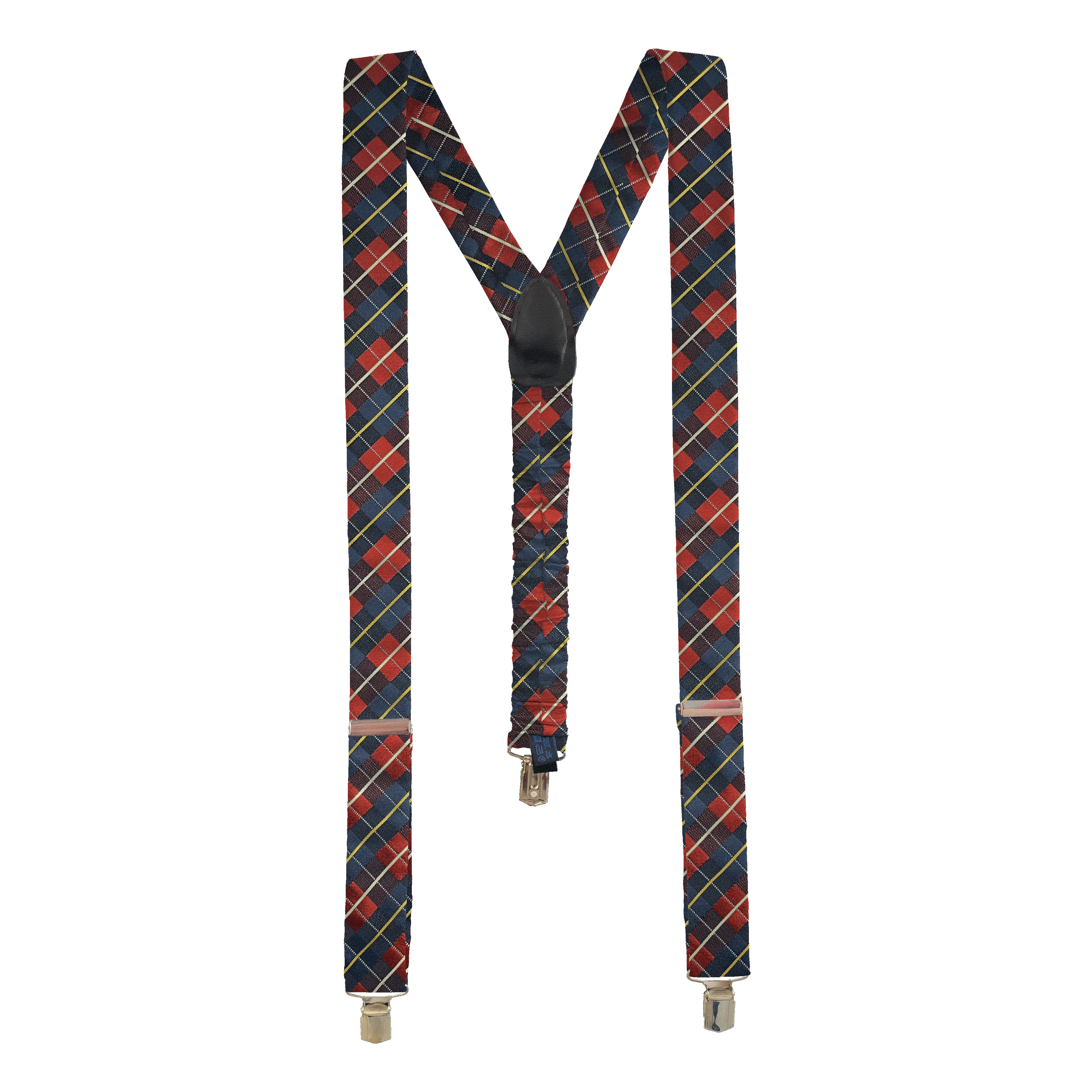 [BR-M-70-7289] Hosenträger aus Seide, Stoff: geometrisch gemustert in dunkelblau und rot (7289) (Metallklips)