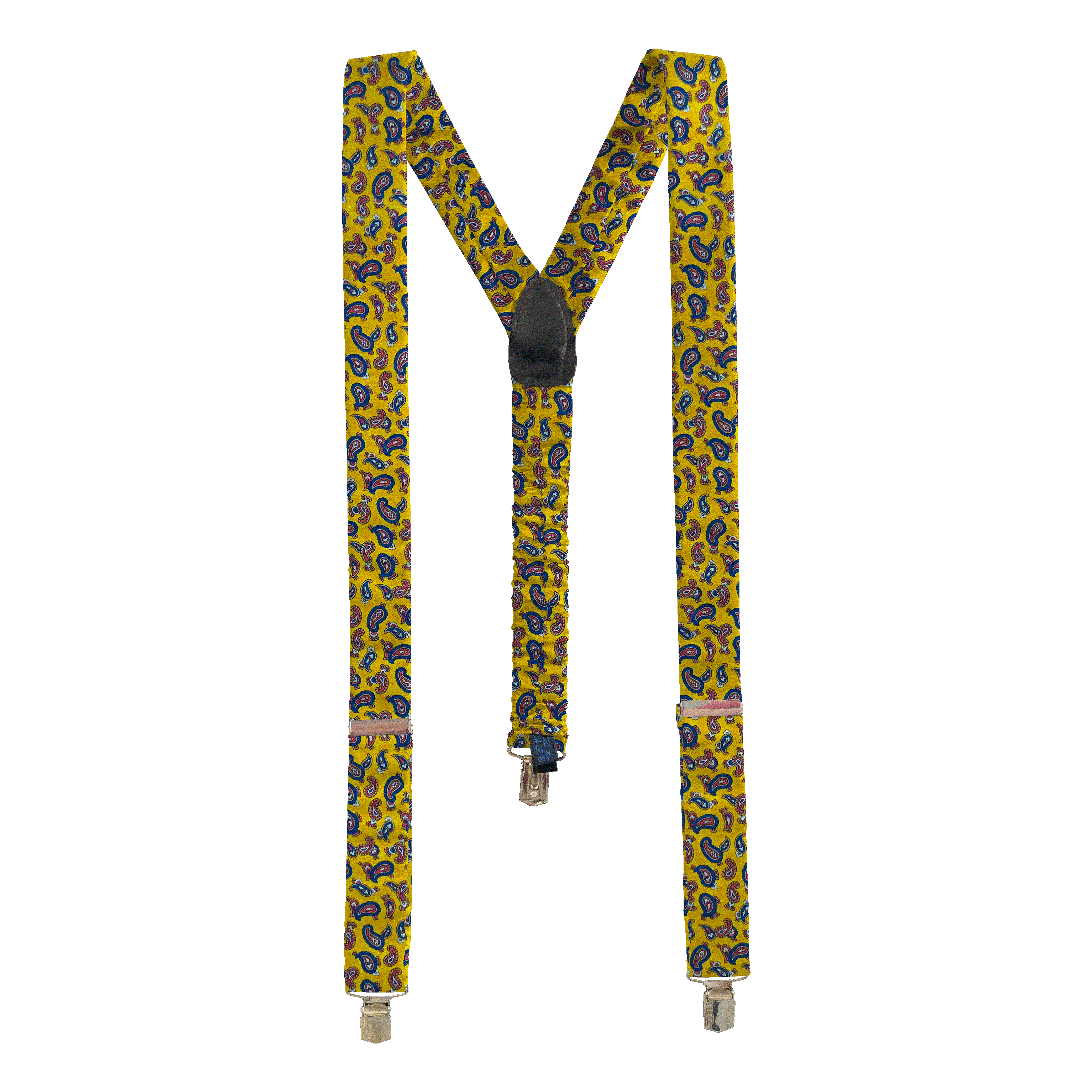[BR-M-60-6482] Hosenträger aus Seide, Stoff: blau-rotes Paisley auf gelb (6482) (Metallklips)